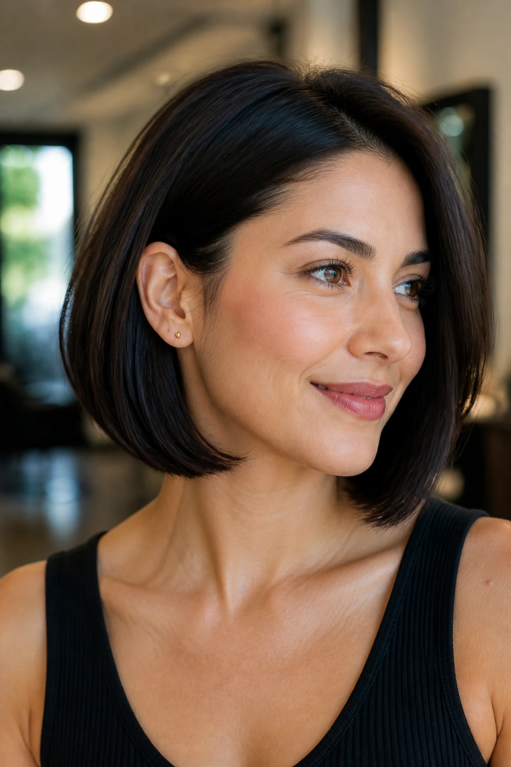 Real woman with jawline curve bob in a salon setting