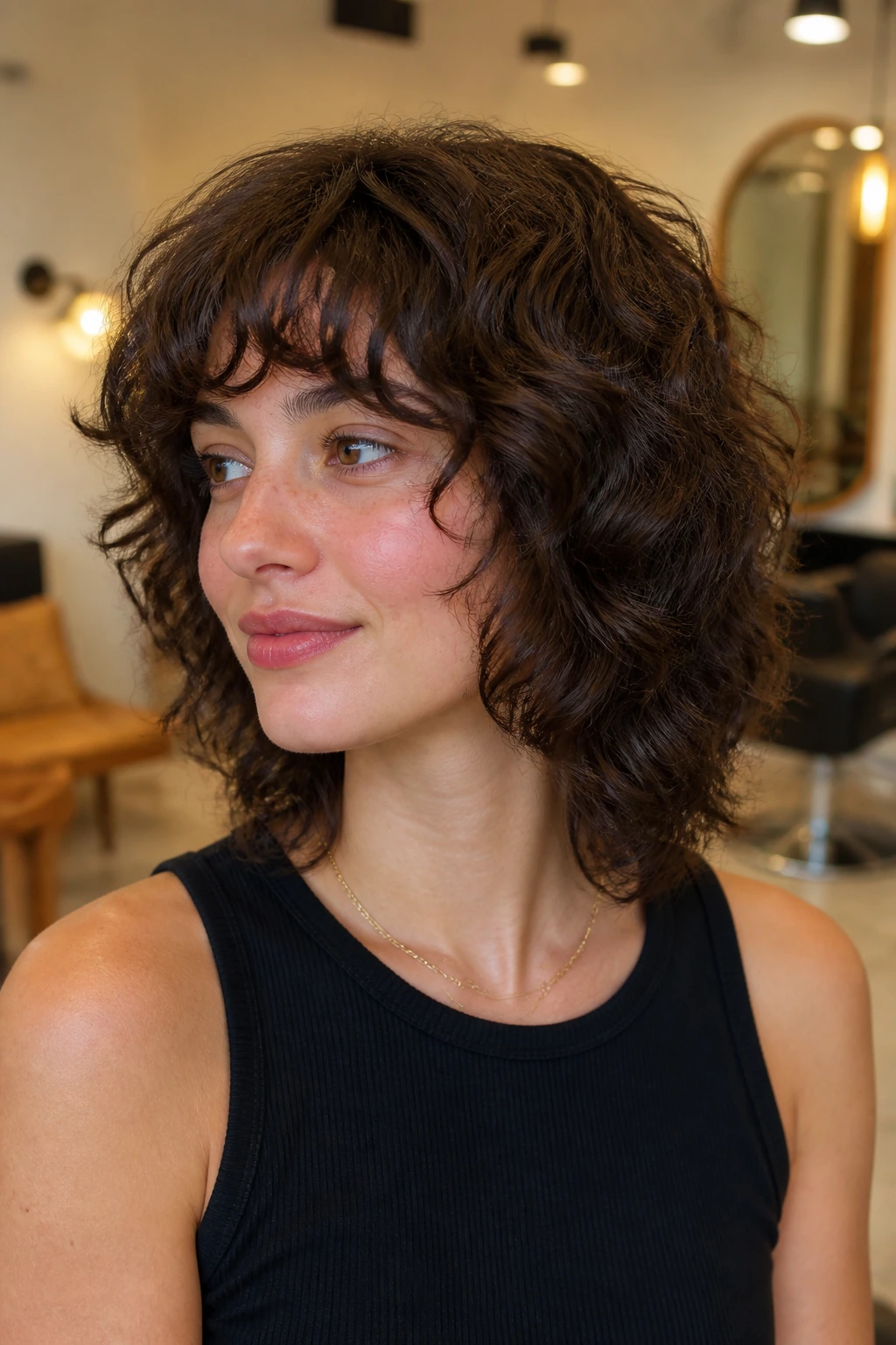 Close-up portrait of a real woman with jawline curve shag and rounded fringe