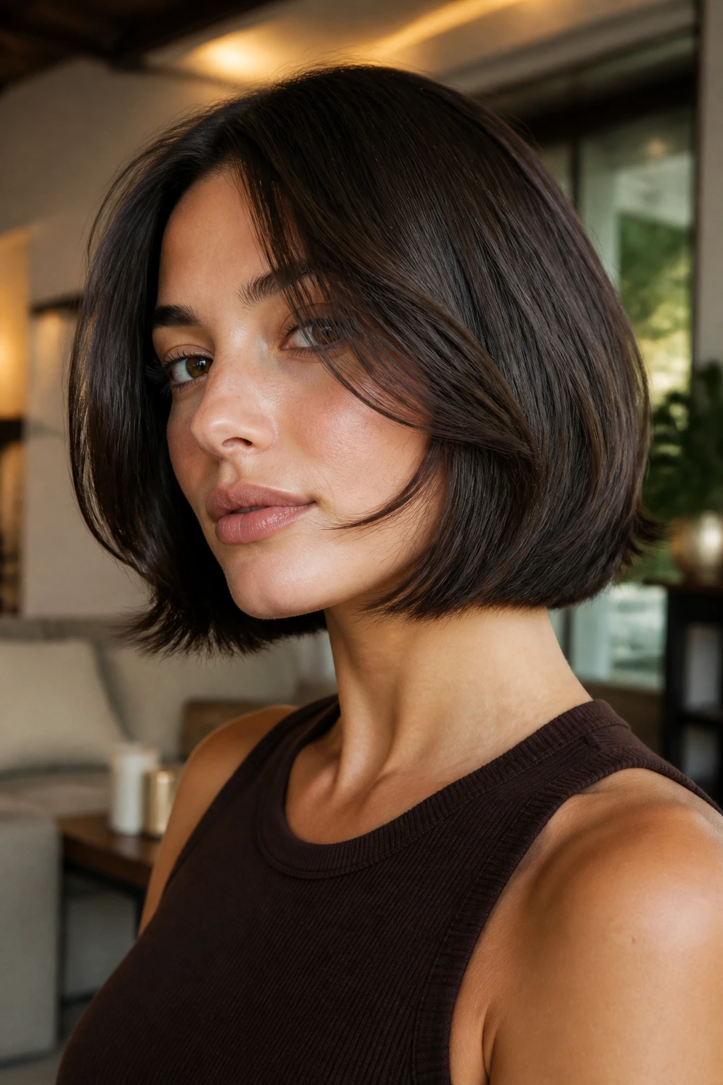 Close-up of a real woman with a jawline-length bob and outward flicking front pieces