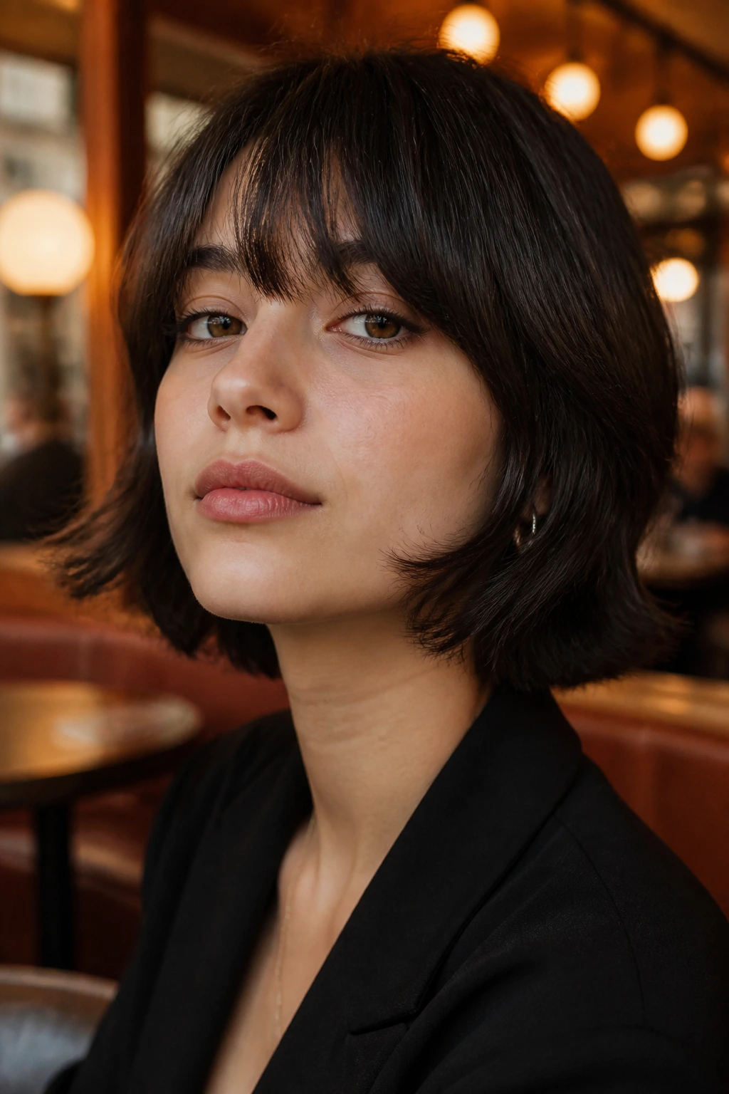 Close-up of real person with jawline flip wolf cut