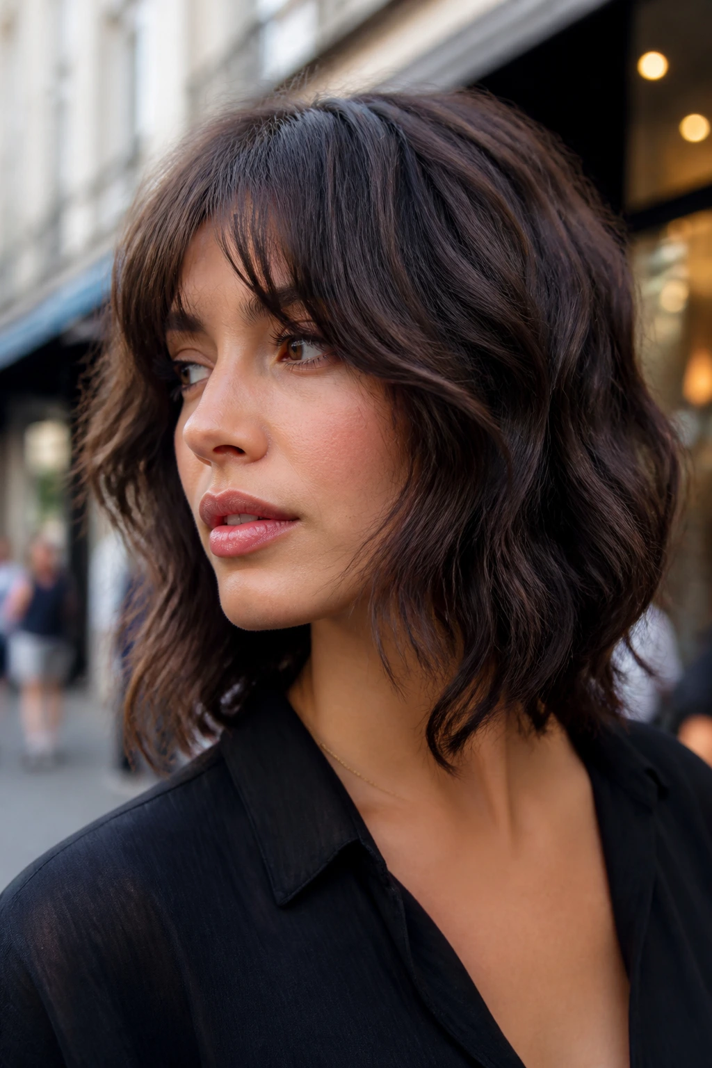 Close-up of a real woman with jawline-length fringe on thick wavy hair outdoors.