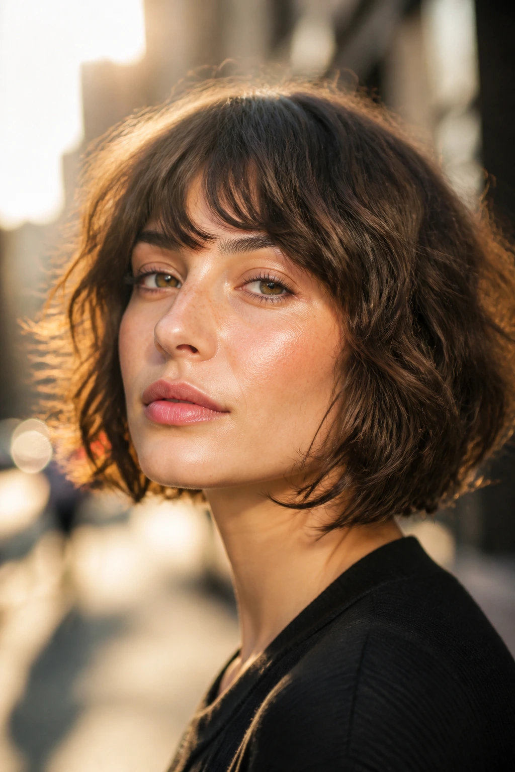 Real person with jawline-grazing choppy shag and arched fringe on city street at golden hour