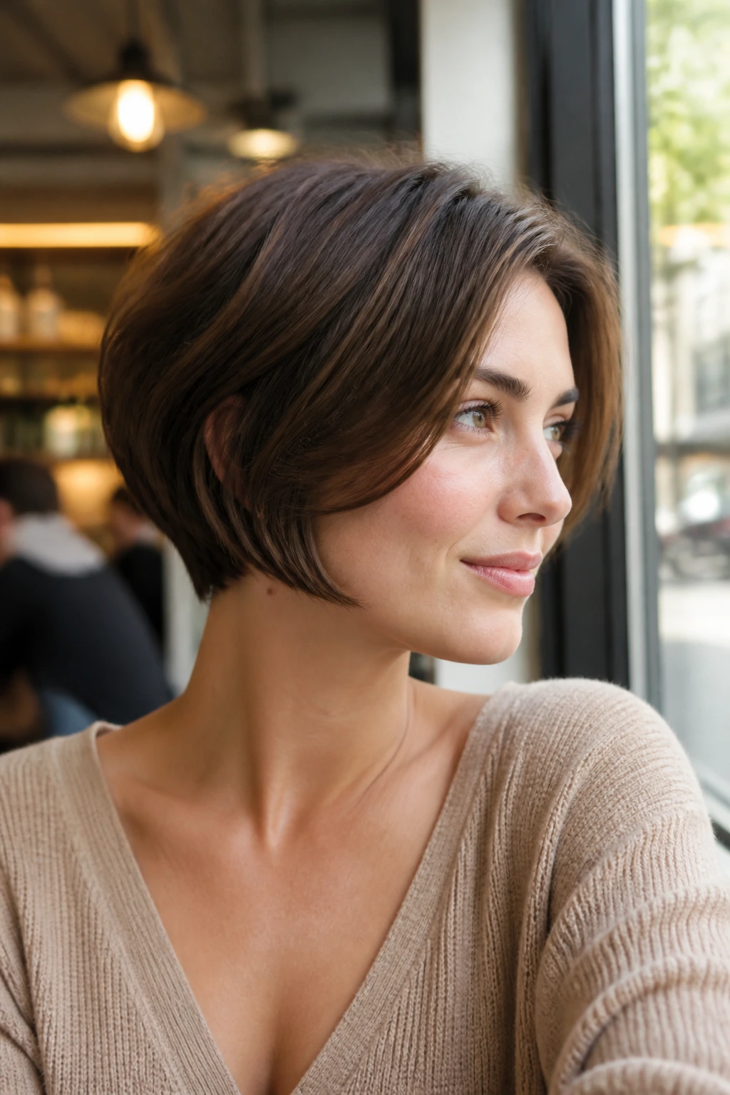 Portrait of a real woman with jawline-grazing pixie bob at a cafe window