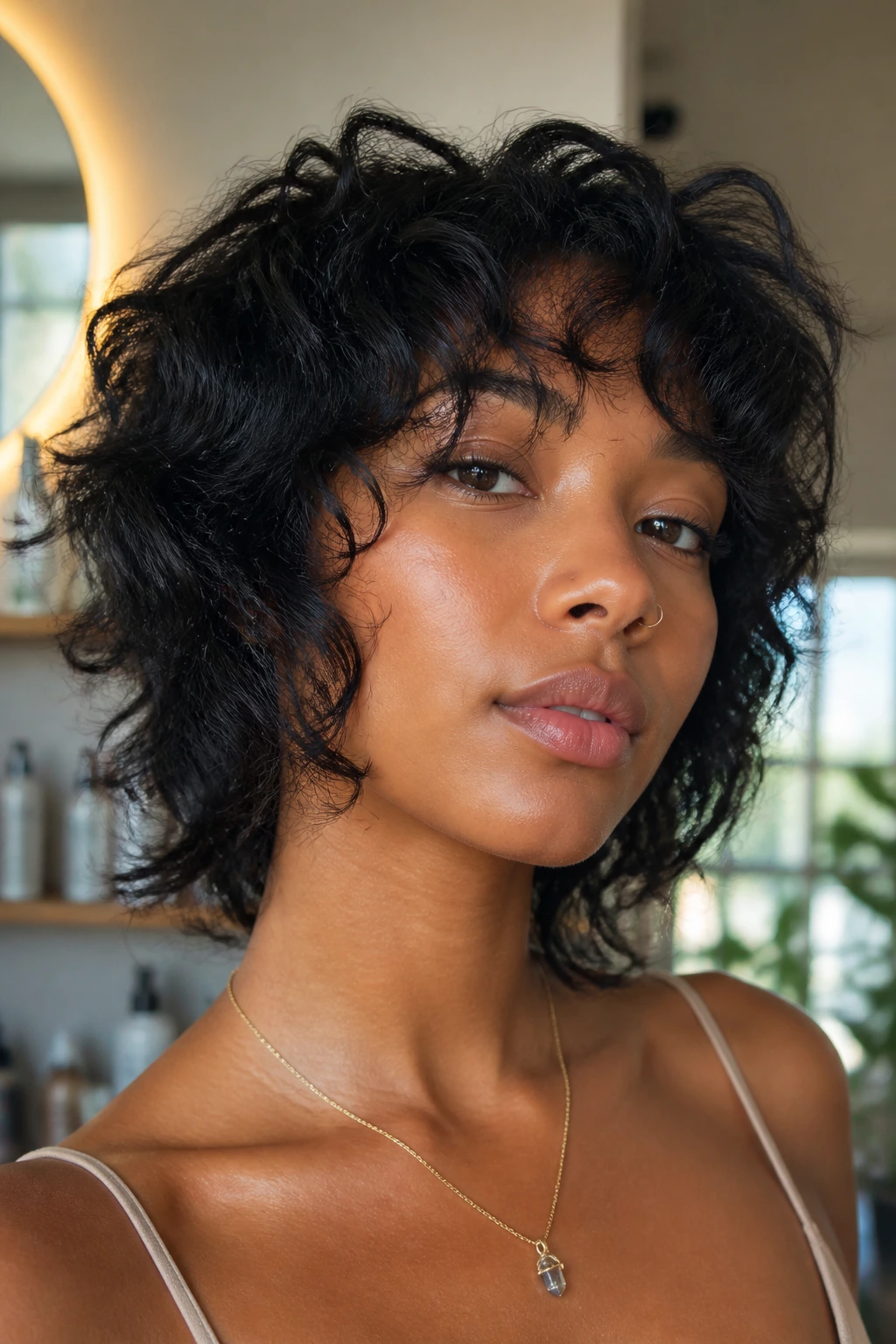 Close-up of a real person with jawline layer shag framing the jaw