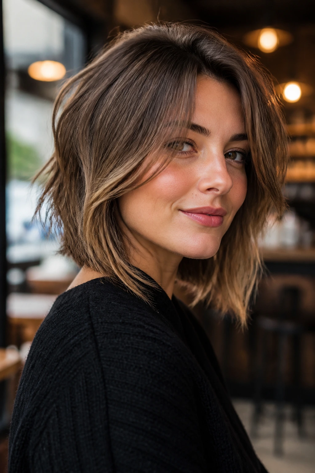 Portrait of a woman with a jawline-bypassing lob shag, front below the jaw and cheekbone layers