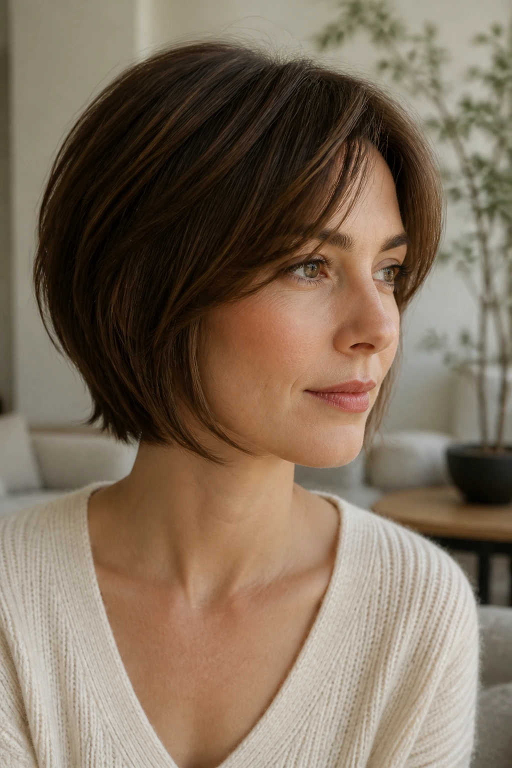Portrait of a real woman with a jawline-skimming micro-layer bob.