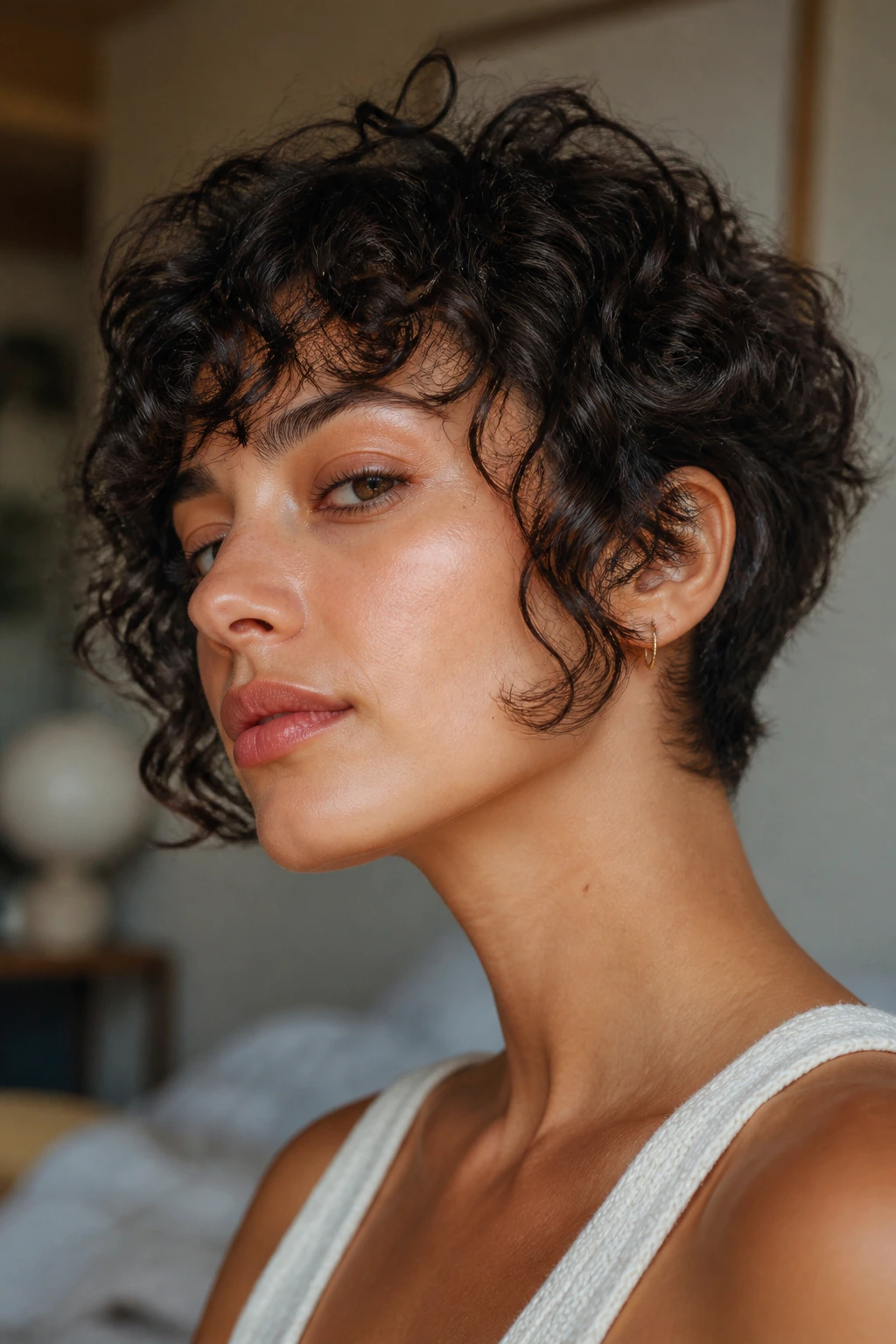 Close-up portrait showing jawline brushing curls in a pixie wolf cut