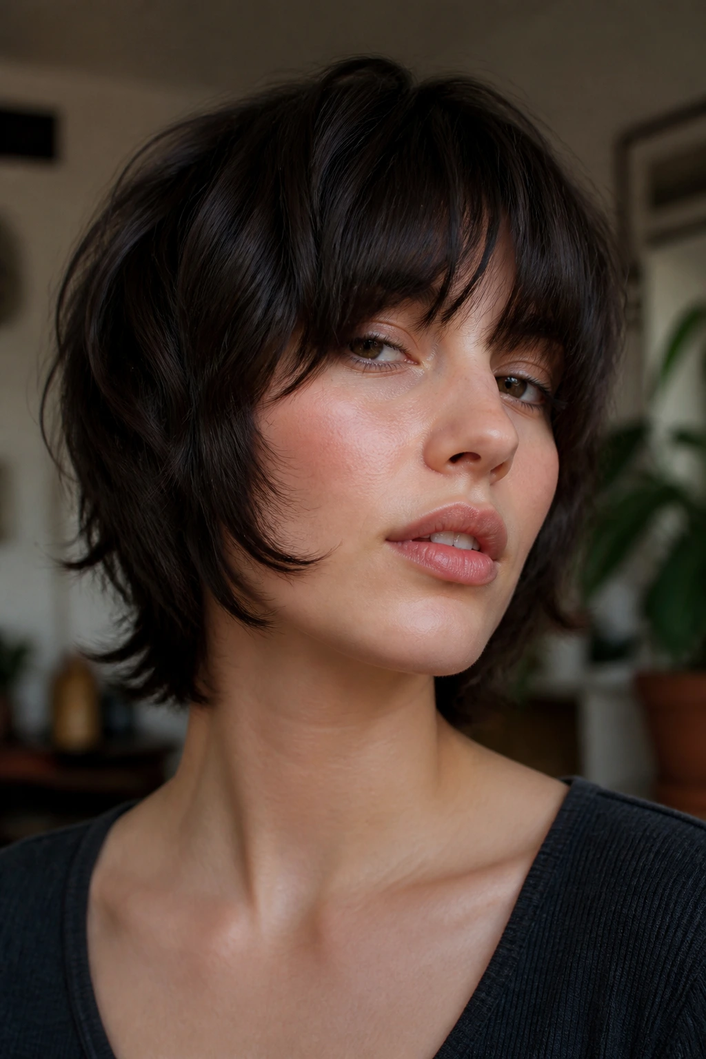 Portrait of a real woman with jawline razor shag hairstyle