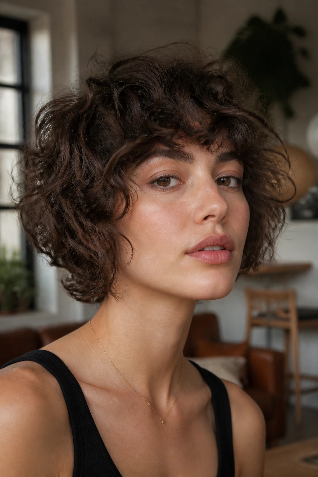 Portrait of a real person with jawline-skimming curly shag, hair under the jawline and crown shorter