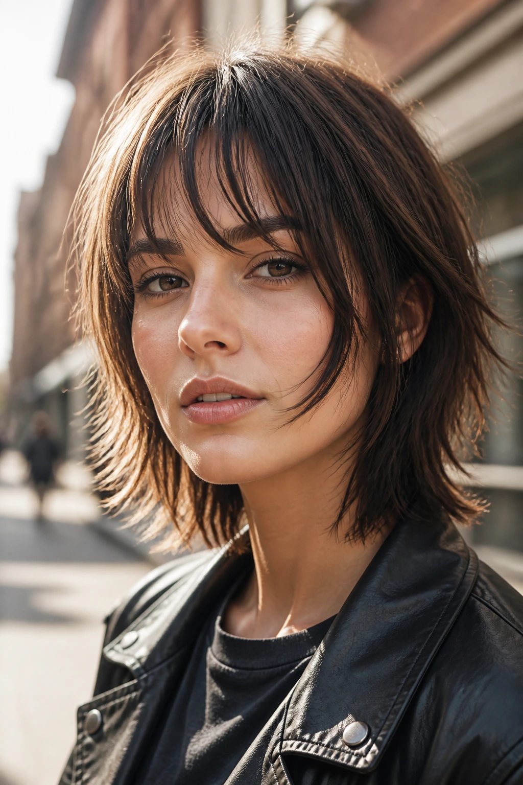Real person with jawline shag and uneven curtain bangs on a sunny city street