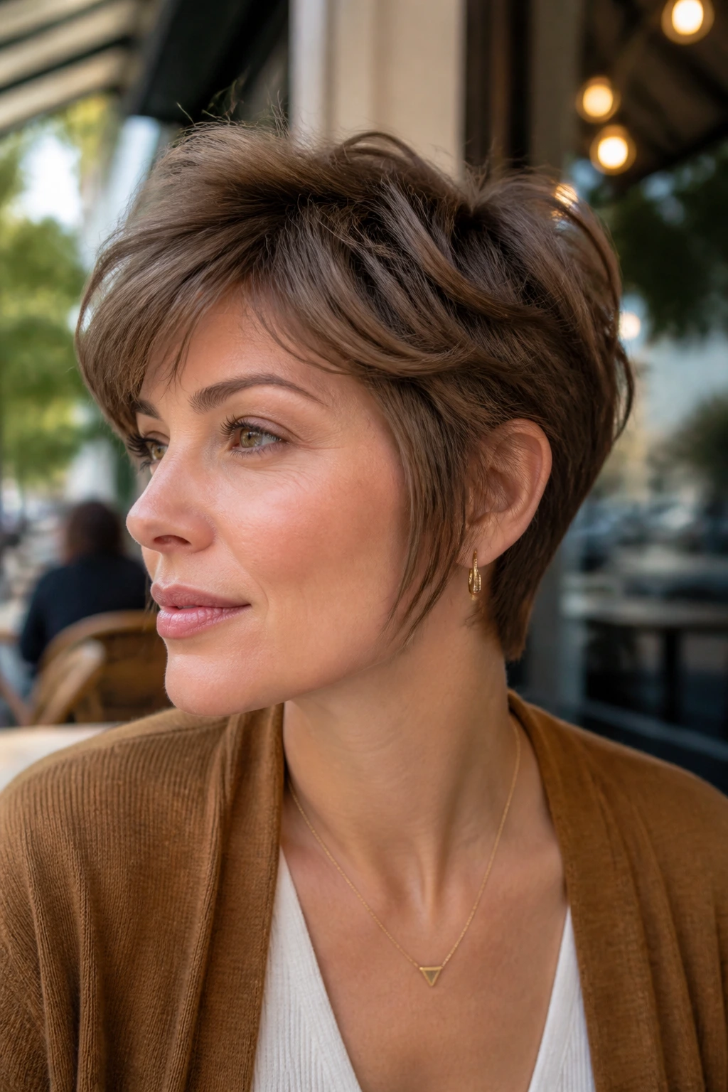 Portrait of a woman with jawline-softening shag pixie at an outdoor cafe