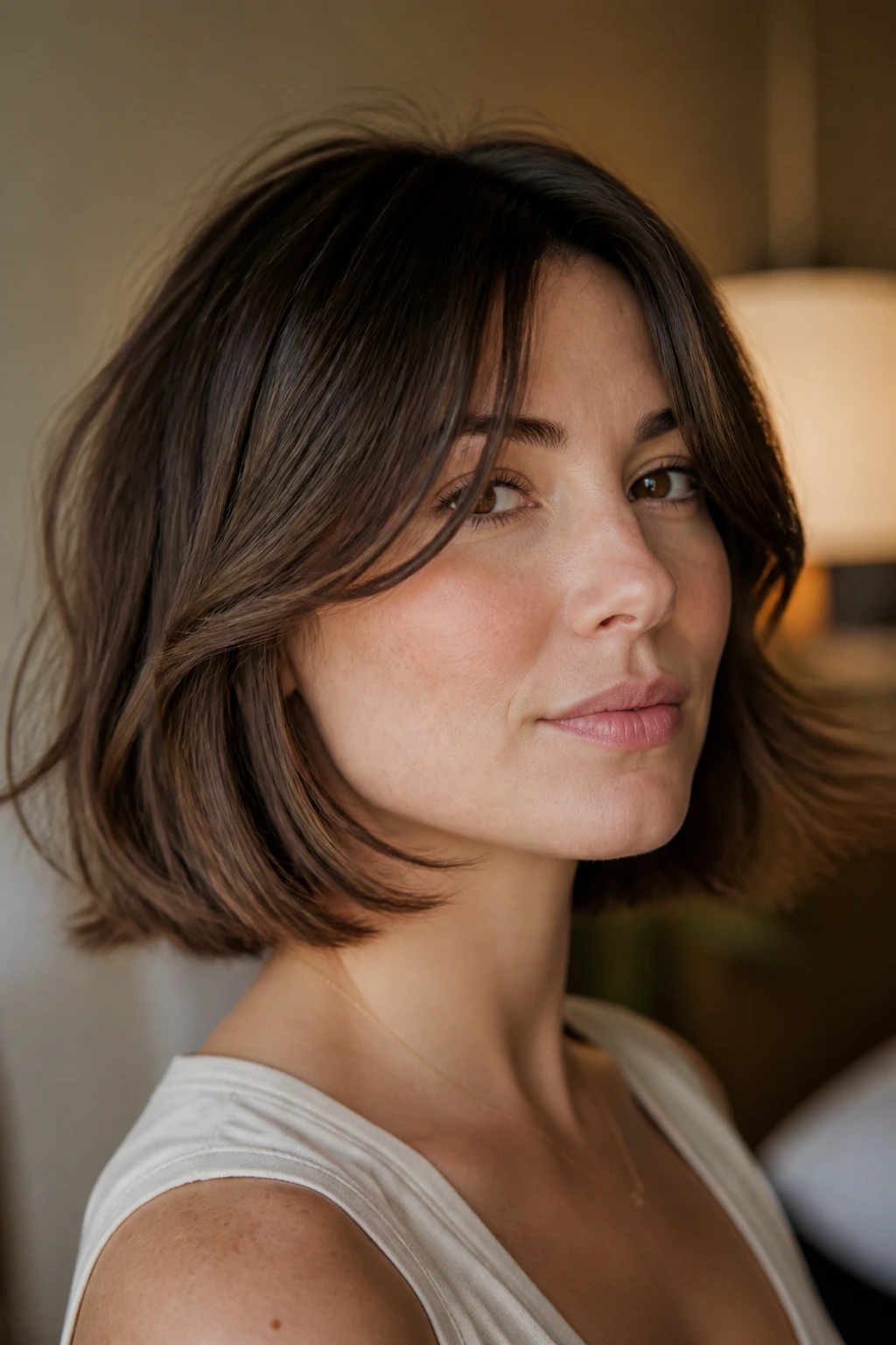 Real woman with jawline-sweeping fringe bending toward the jaw