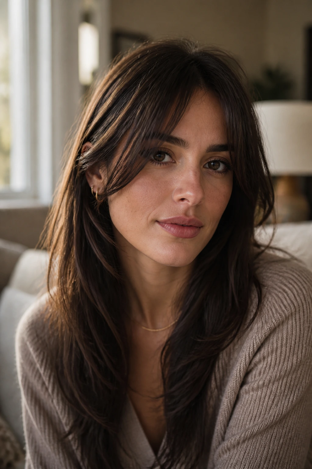 Close-up of a real woman with jawline-taper bangs framing the jawline in warm daylight.