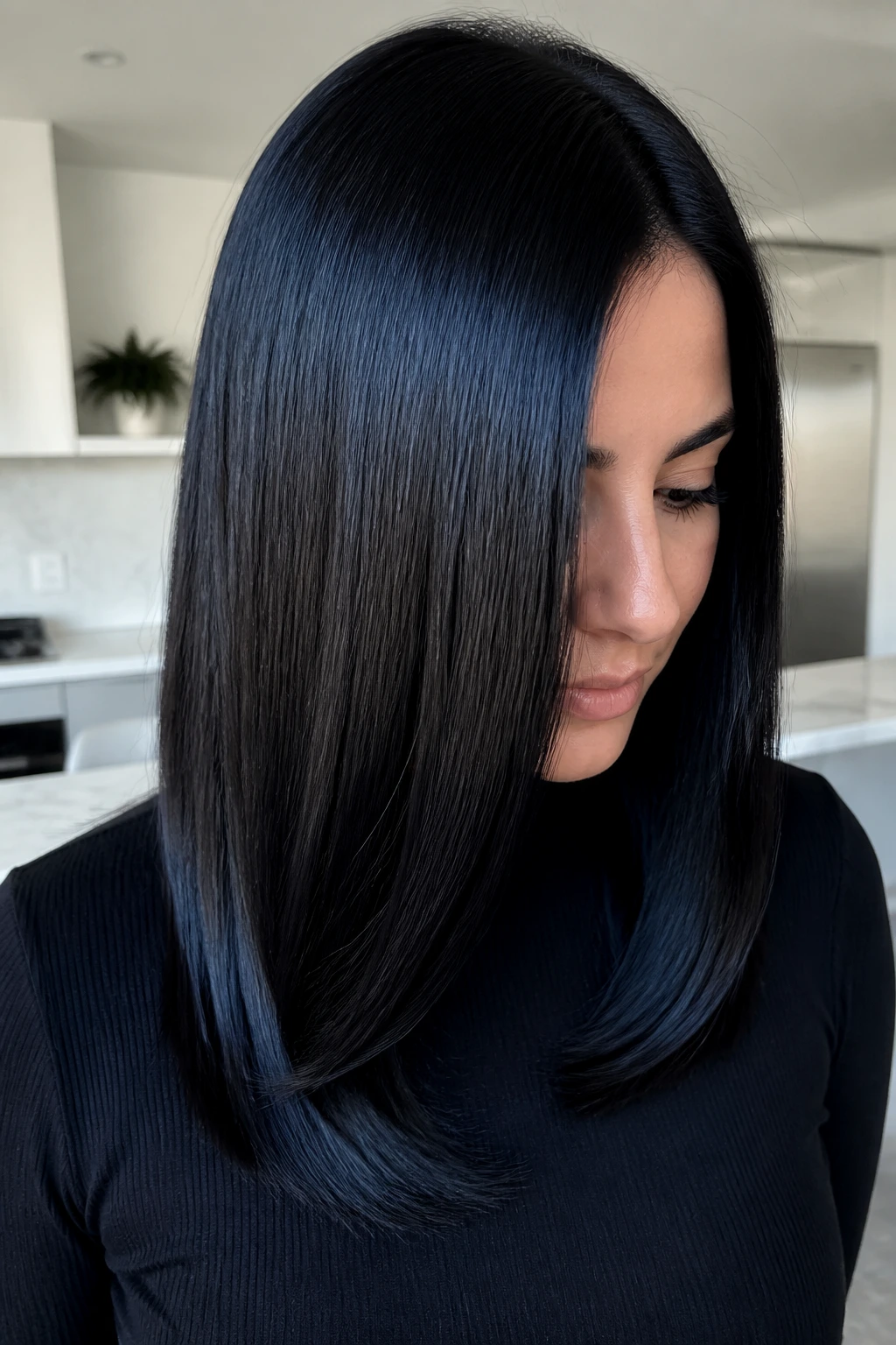 Close-up of jet black hair with blue-black shine on straight hair