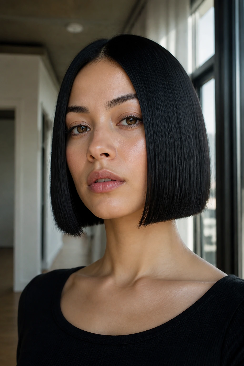Portrait of real woman with jet black blunt bob and center part