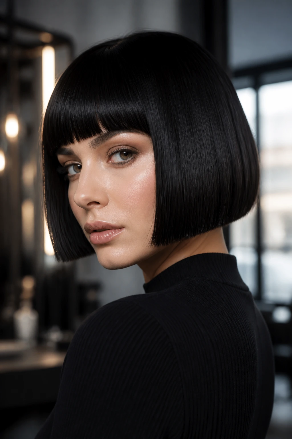 Close-up of jet black blunt bob on a real person