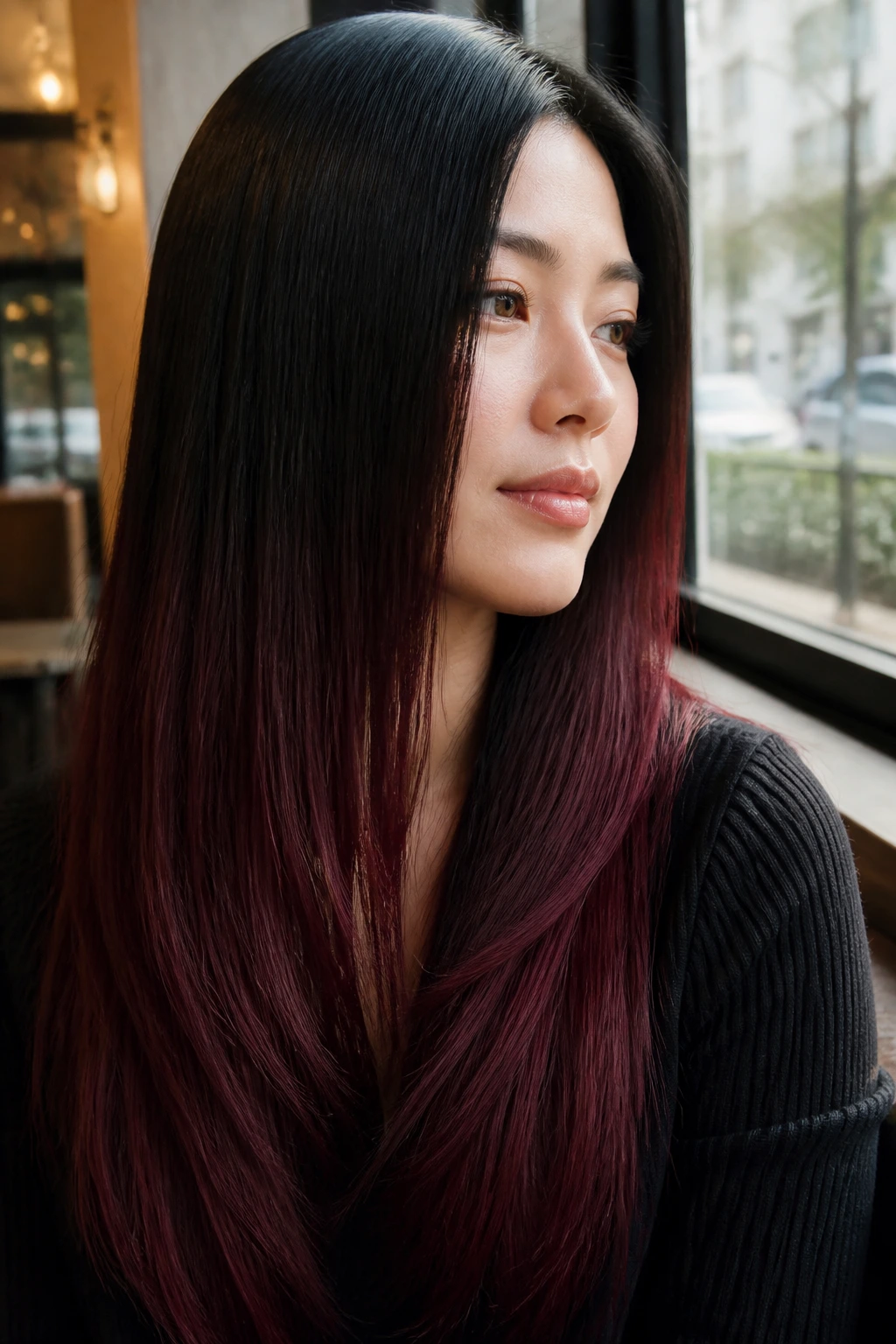 Close-up of real person with jet black to burgundy wine ombre on straight hair