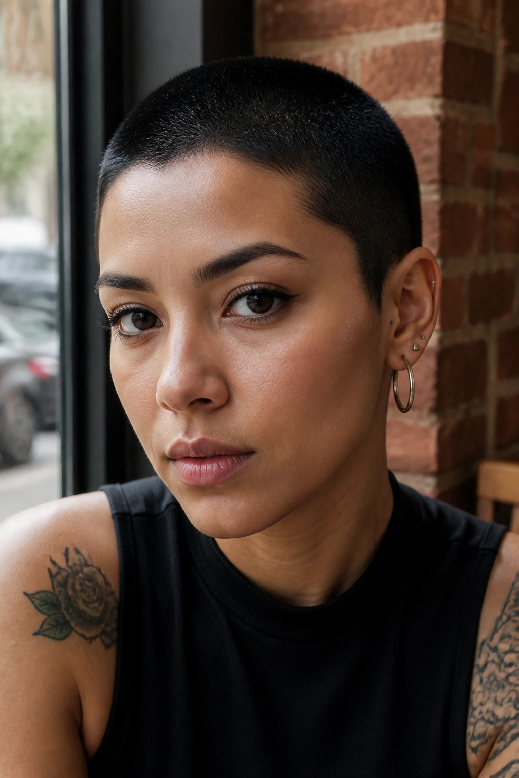 Close-up of a real person with a jet black buzz cut and subtle shine