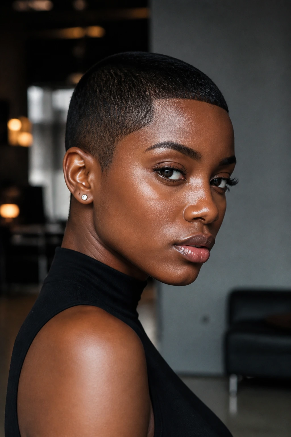 Close-up of a real woman with jet-black buzz cut and gloss finish