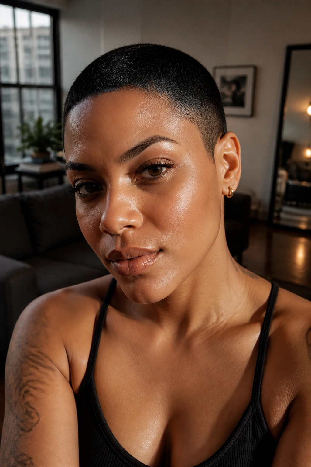 Close-up portrait of a person with a jet-black buzz cut and high shine.