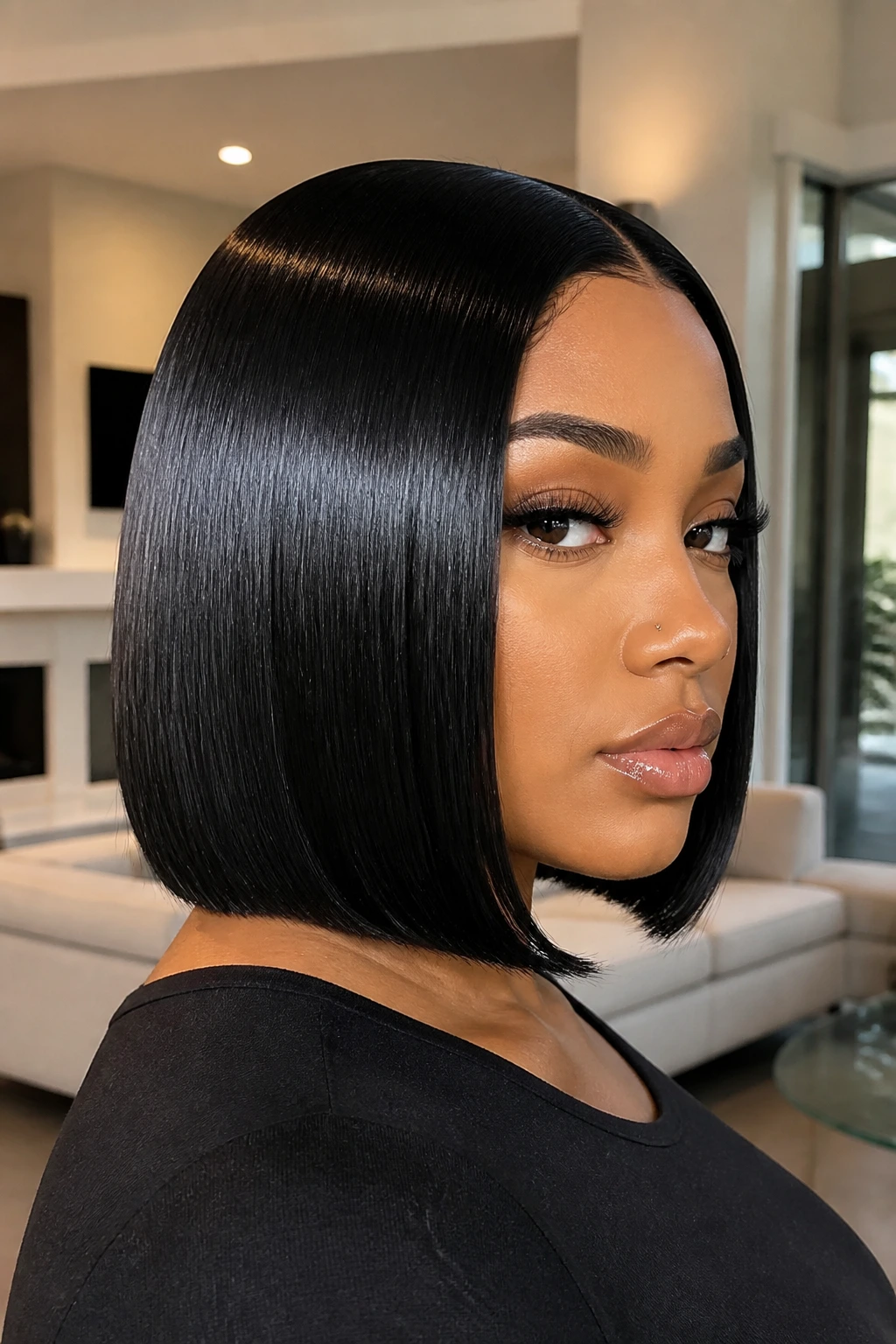 Close-up of a real person with a jet-black glass bob and high shine.