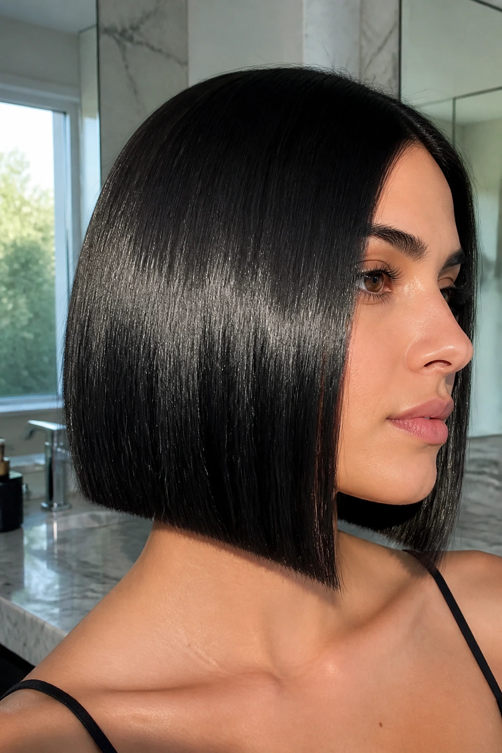 Close-up of a real person with jet-black glass hair in a blunt bob under window light