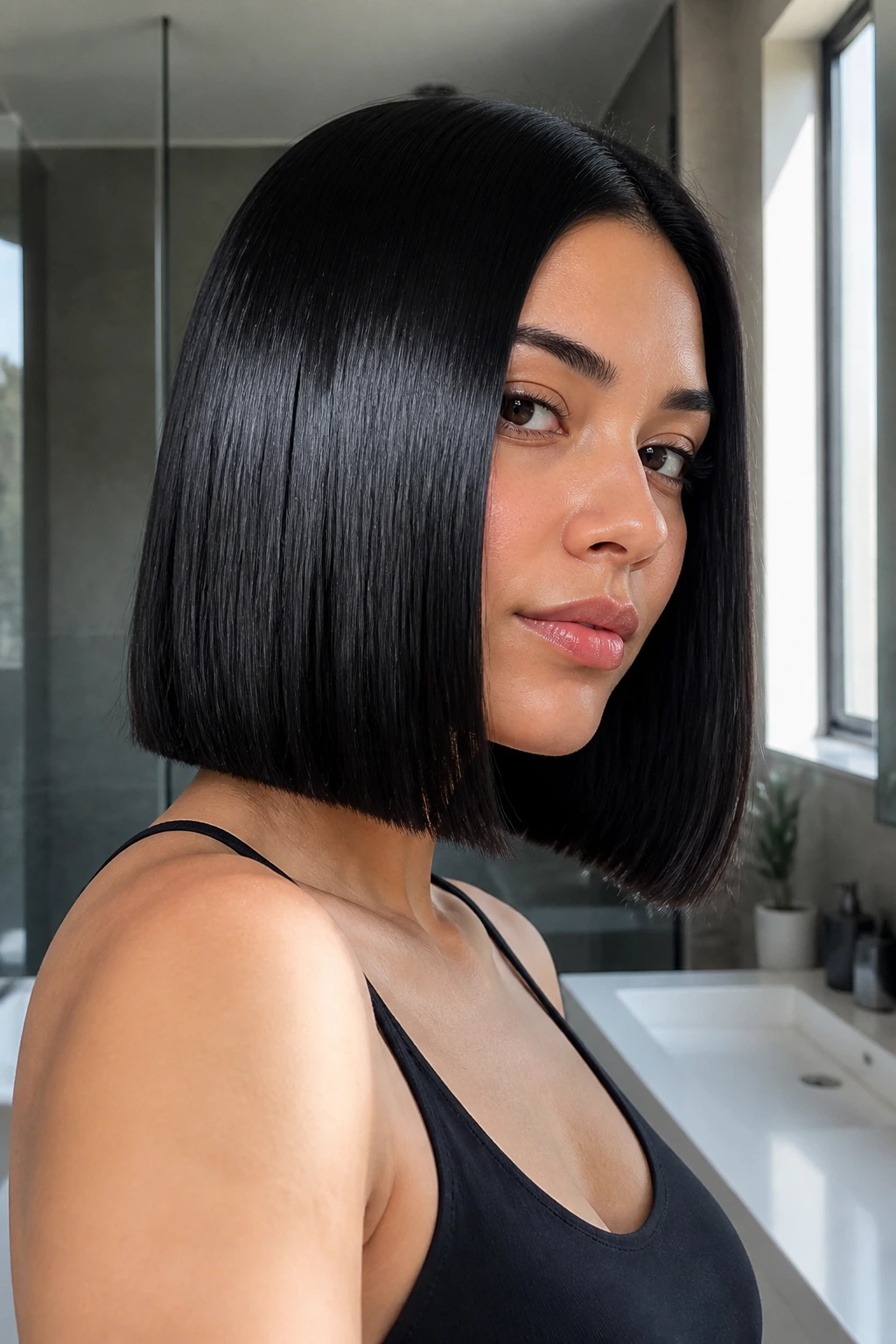 Close-up portrait of a real woman with jet black gloss hair in a modern bathroom