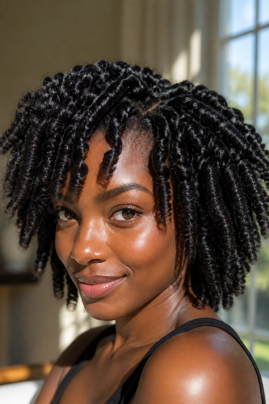 Close-up portrait of a Black woman with a twist-out glossy jet-black finish.