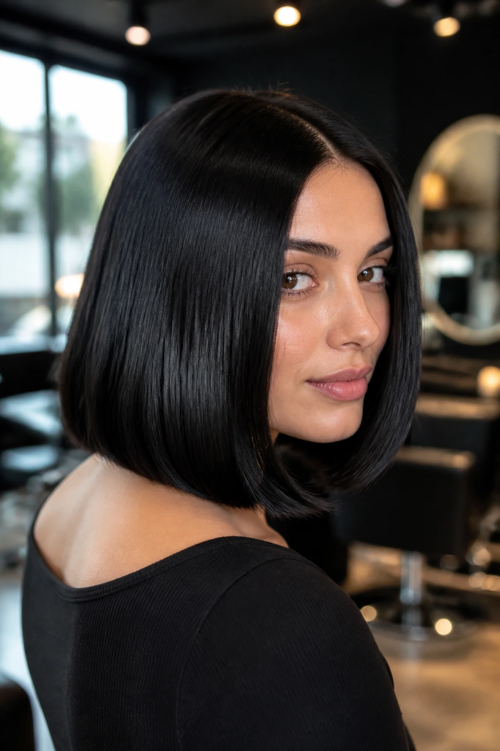 Close-up of a woman with a blunt jet-black lob and mirror-like shine