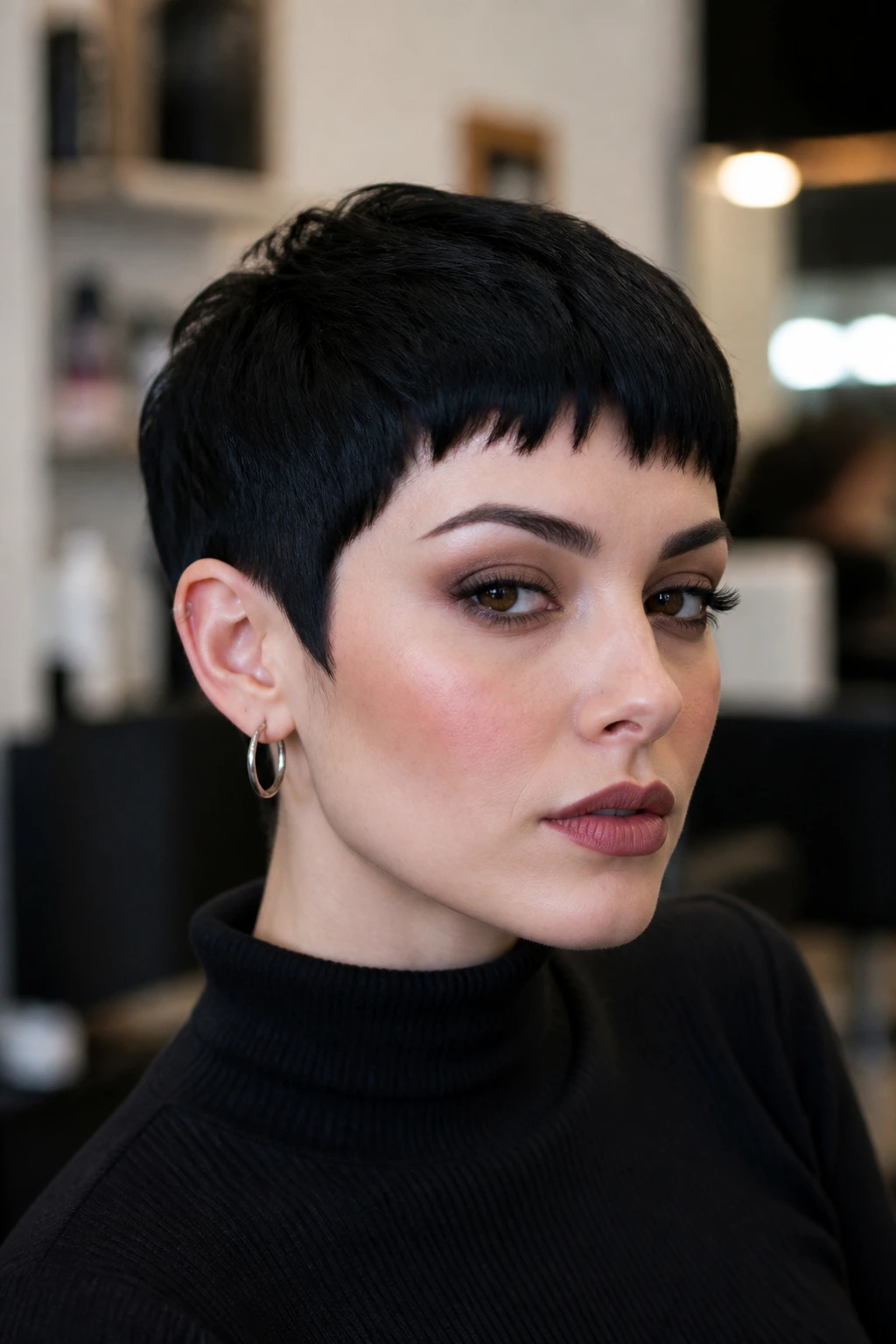 Close-up portrait of a real woman with jet-black micro-bang pixie hairstyle