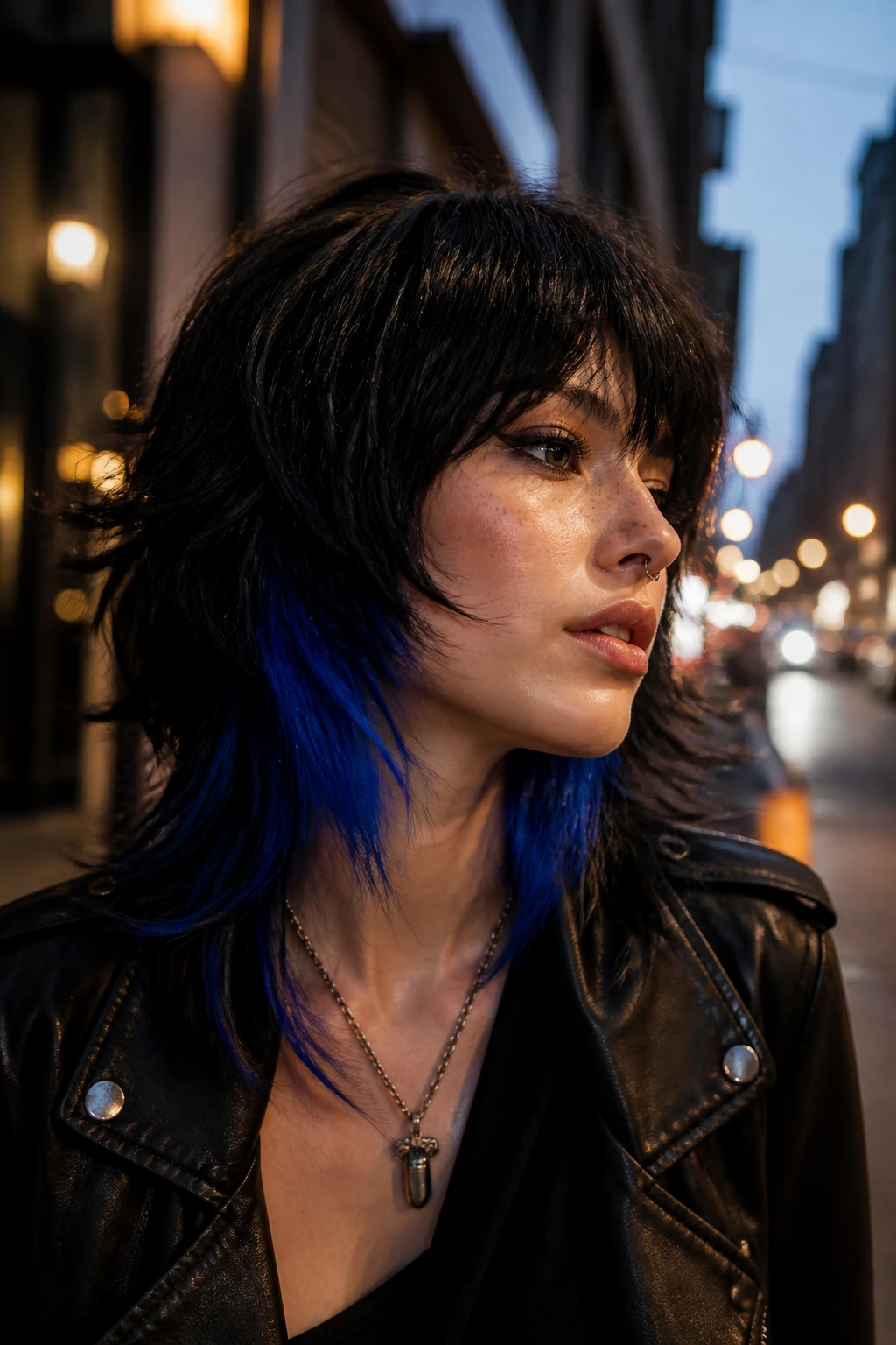 Portrait of a real person with jet-black shag and electric blue underlights