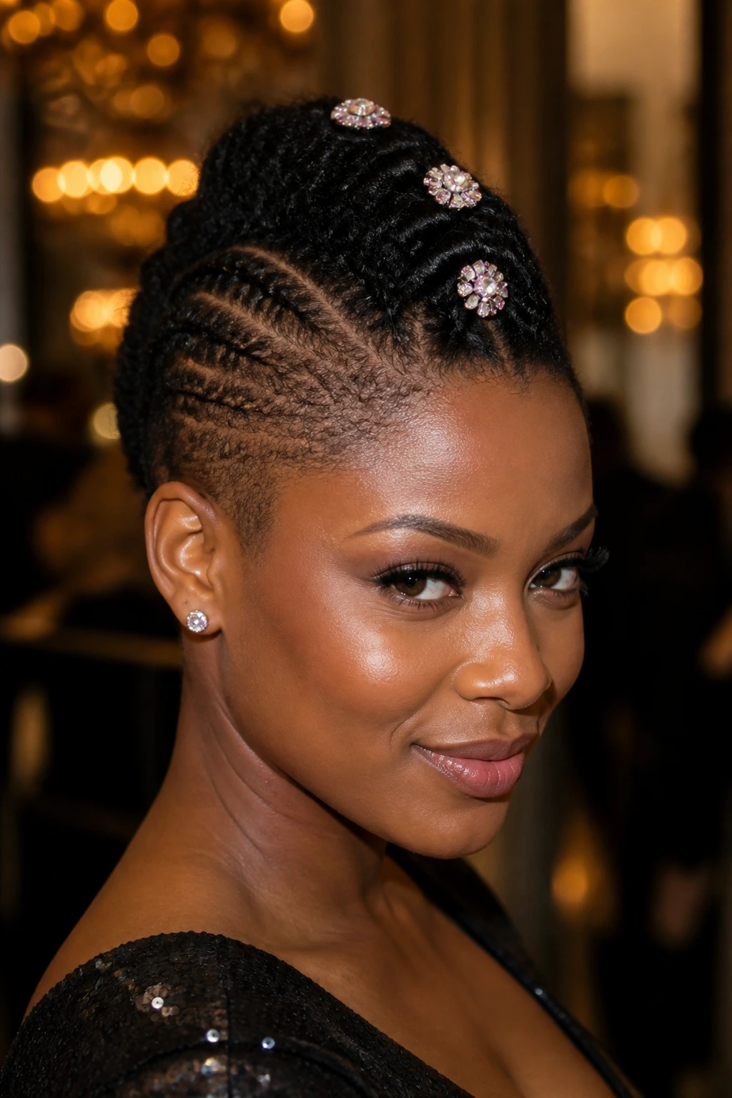 Close-up of a short natural mohawk with jewel clips along the center ridge, worn at an evening party