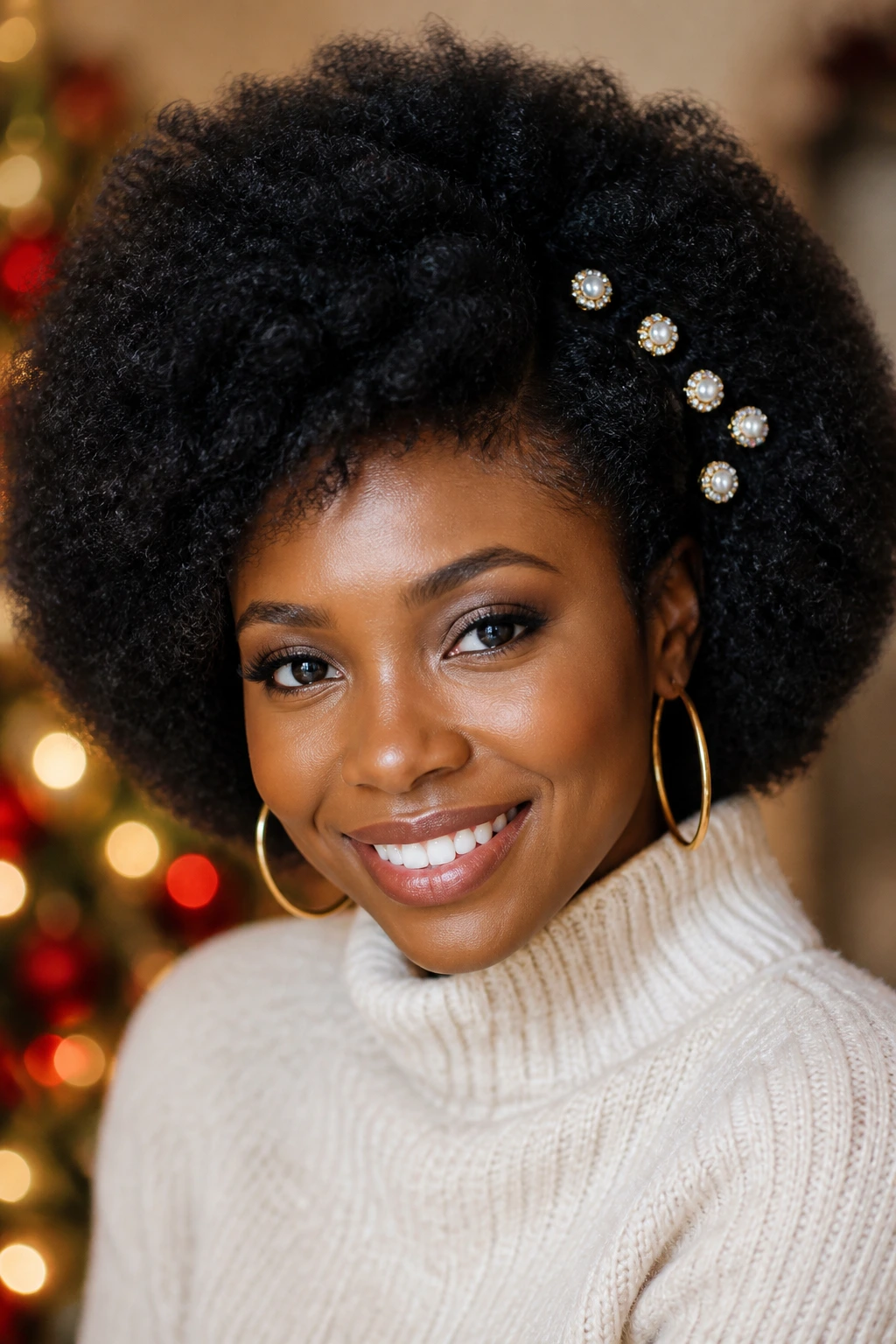 Close-up of real woman with jewel-pin Afro hairstyle