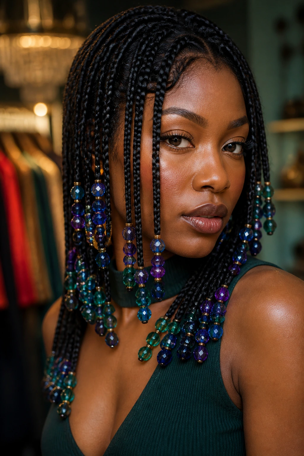 Real person with knotless braids and jewel-tone beads in a cohesive color story