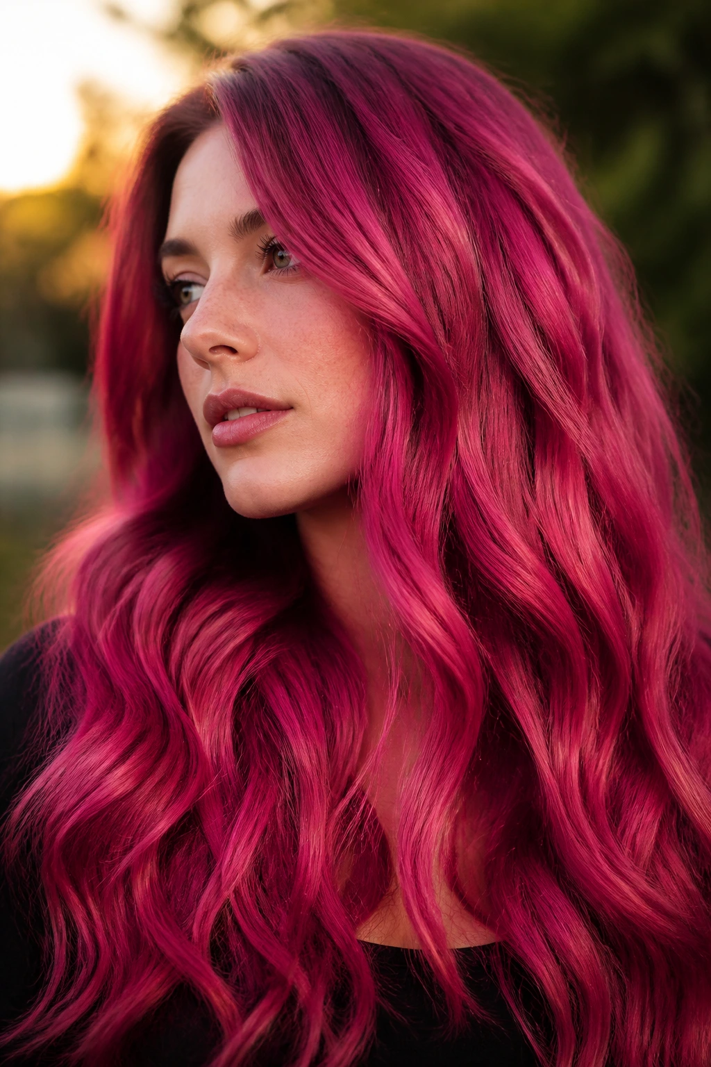 Close-up portrait of a real woman with jewel-tone pink mermaid mane