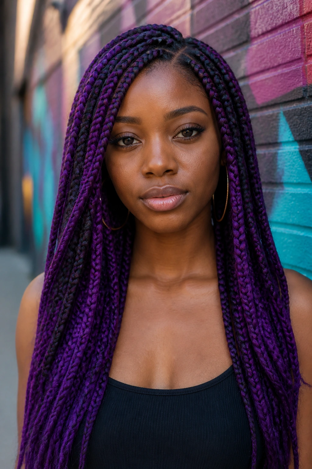 Portrait of a person with jewel-tone purple box braids framing the face