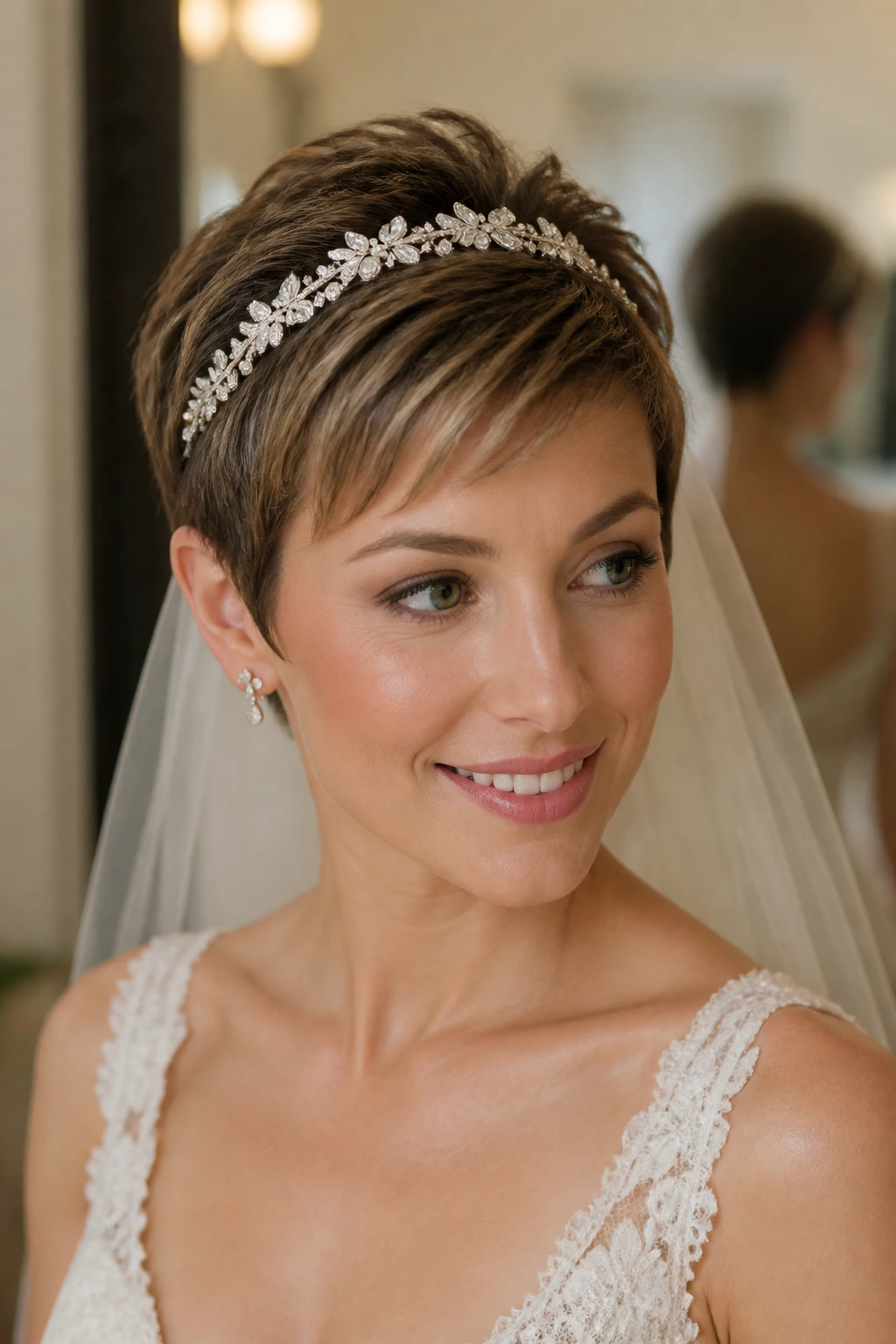 Close-up of a real bride with a jeweled headband pixie in a bridal fitting room.