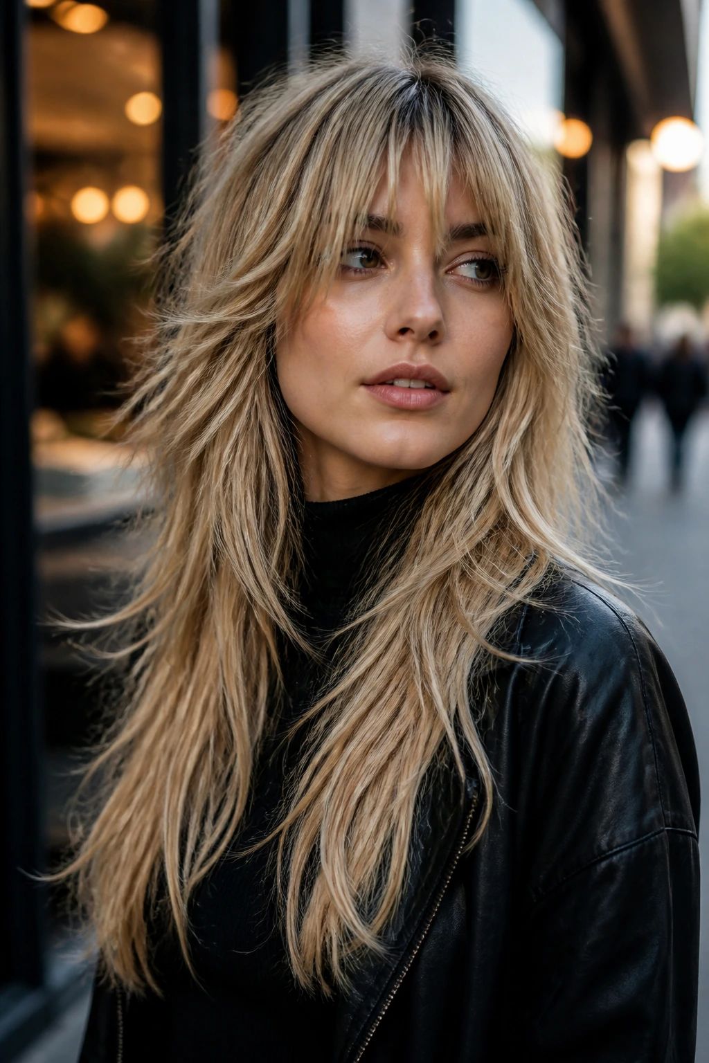 Portrait of real person with long Joni-length shag and face-framing front layers