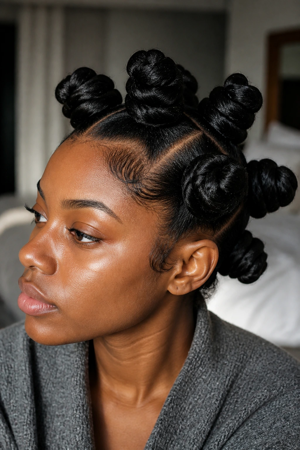 Portrait of jumbo bantu knots hairstyle on natural hair.