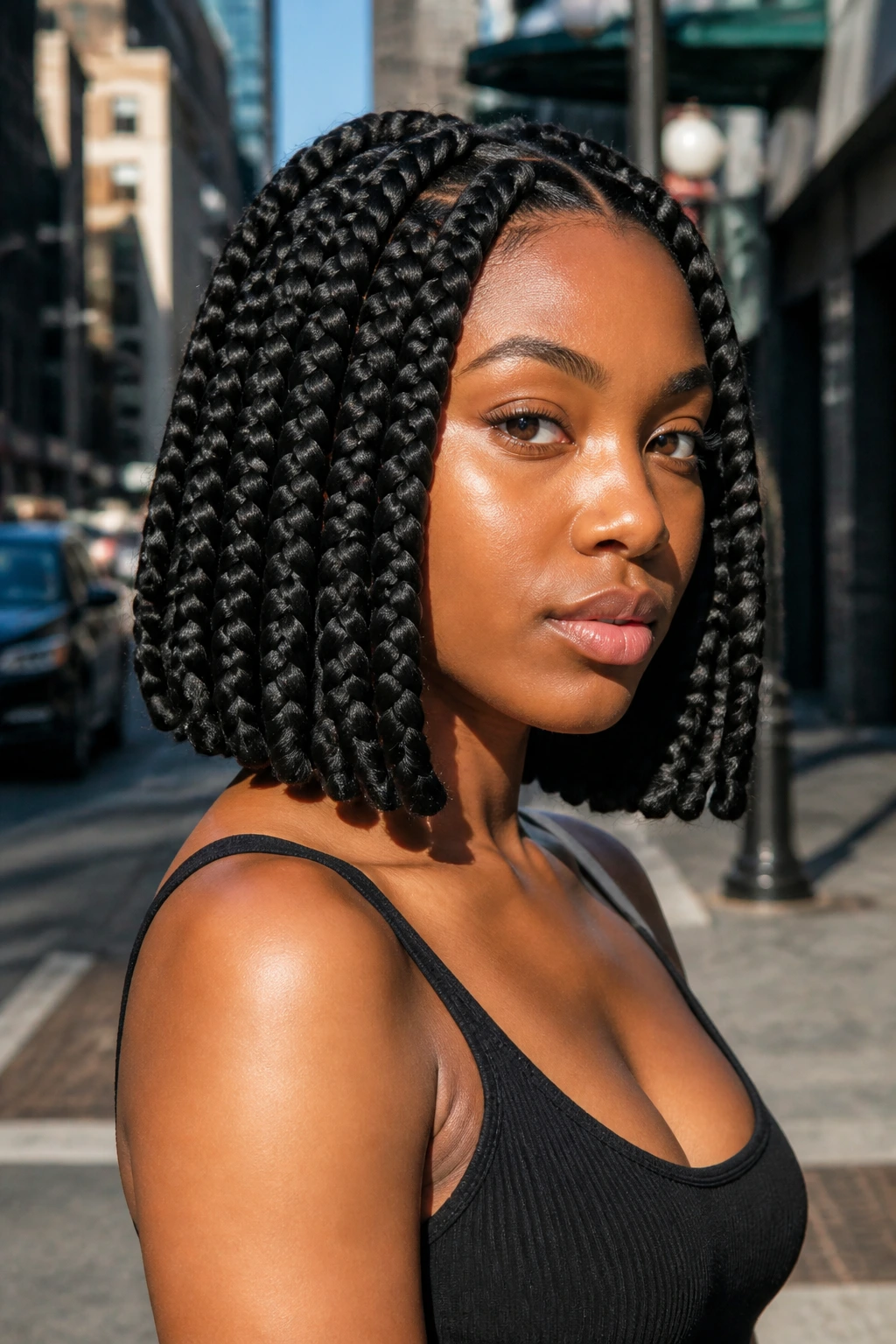 Close-up of a real woman with jumbo bob box braids