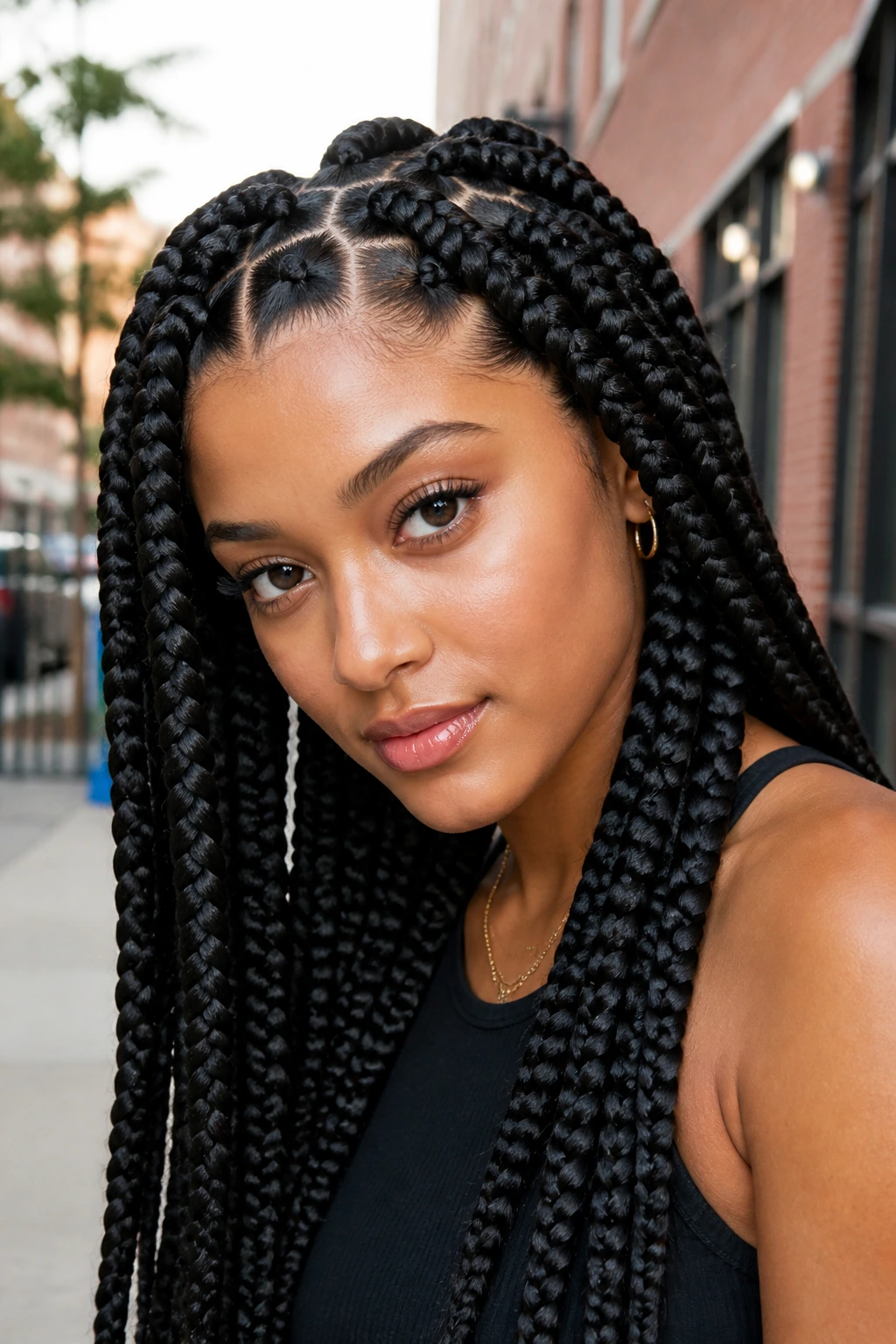 Close-up of a real woman with jumbo box braids creating a bold sculptural silhouette.