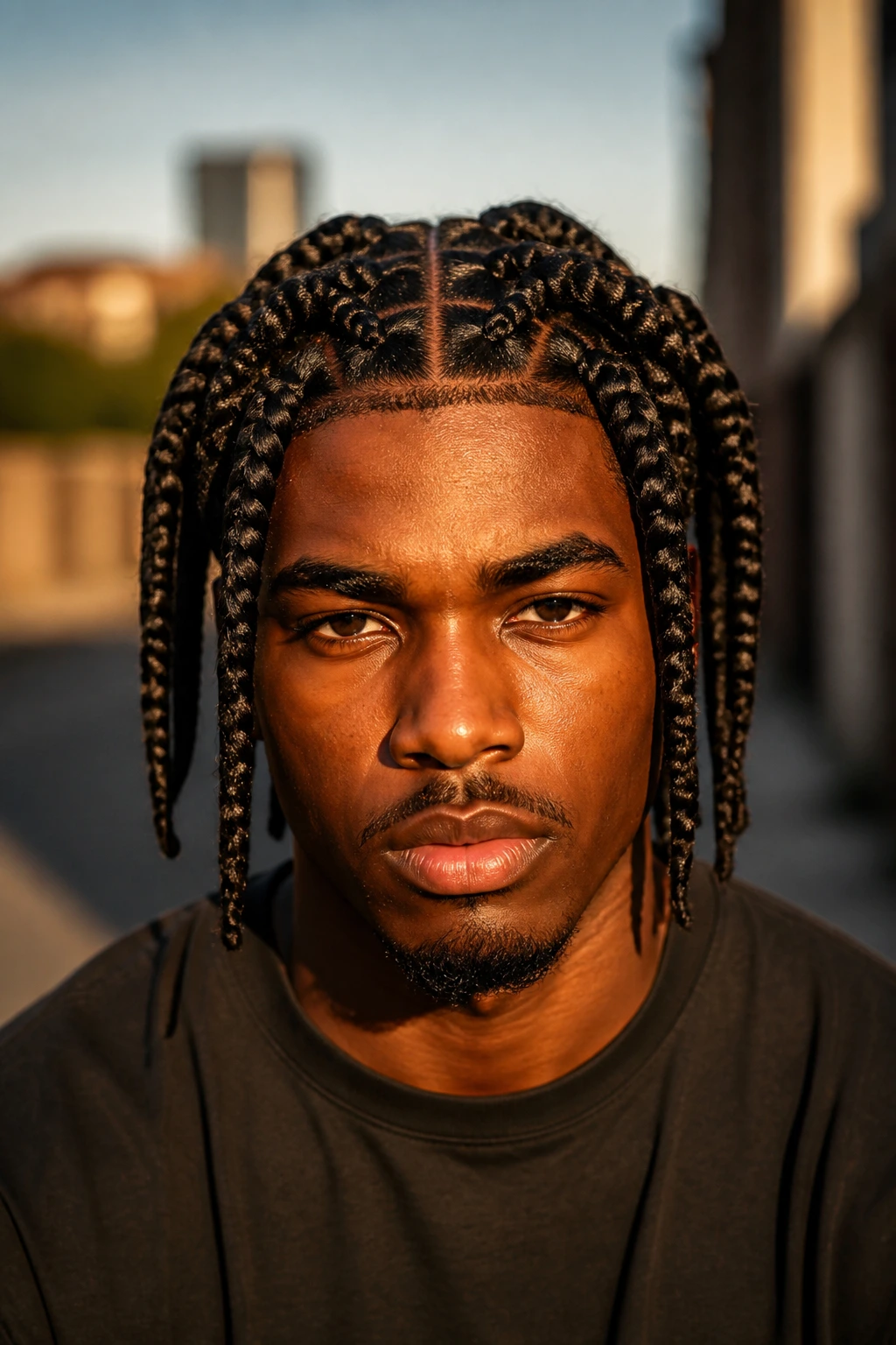 Man with jumbo box braids in bold, chunky style on a street backdrop.