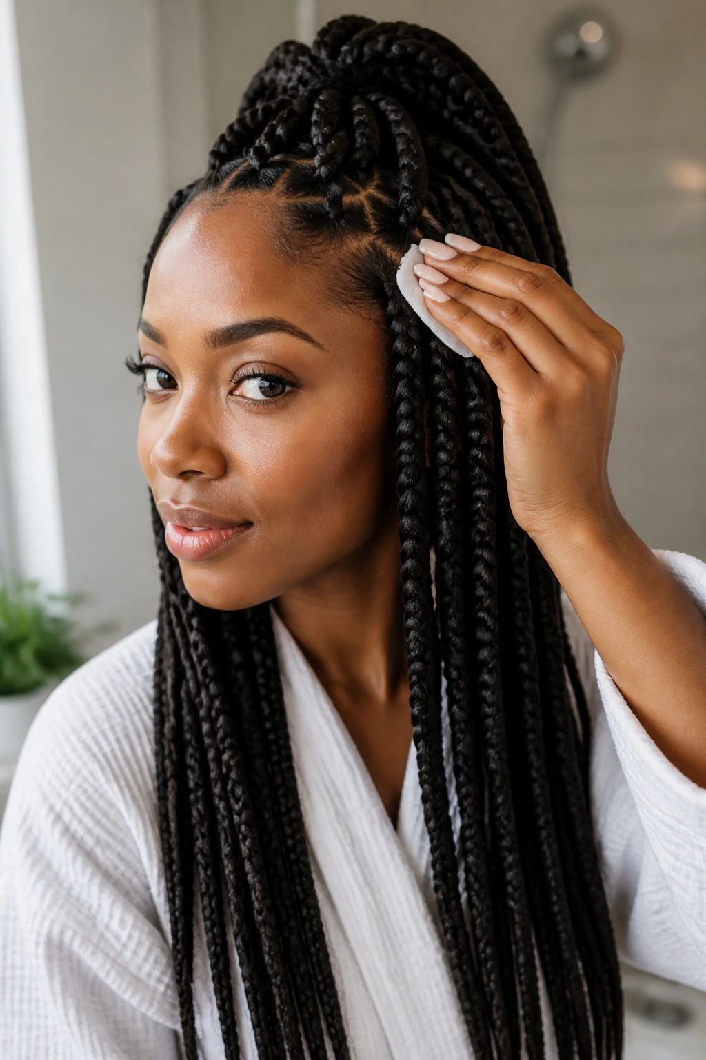 Portrait of a woman with jumbo box braids in a bathroom setting emphasizing freshness and maintenance.
