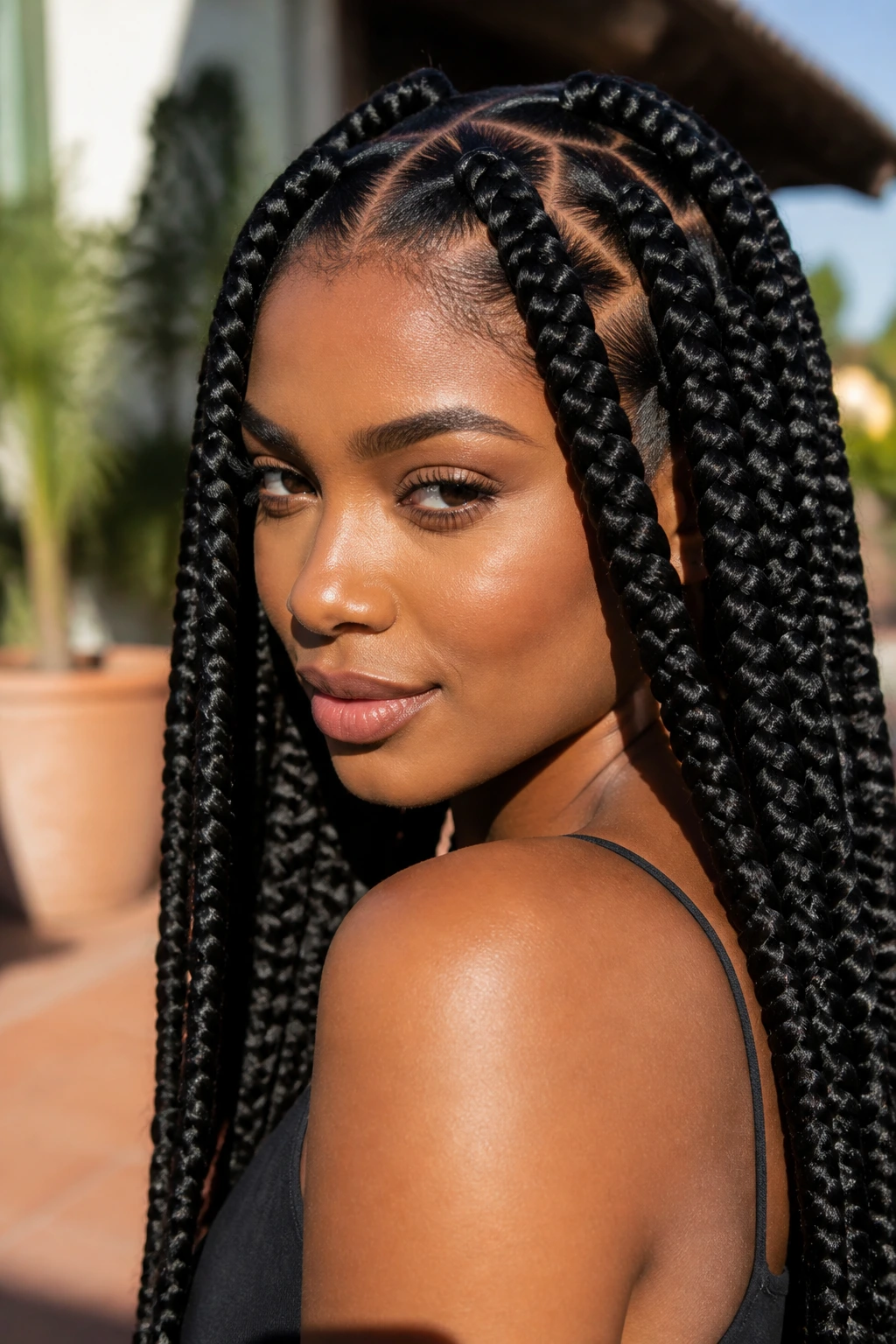 Close-up of a person with jumbo box braids and clean parts in a sunlit outdoor setting