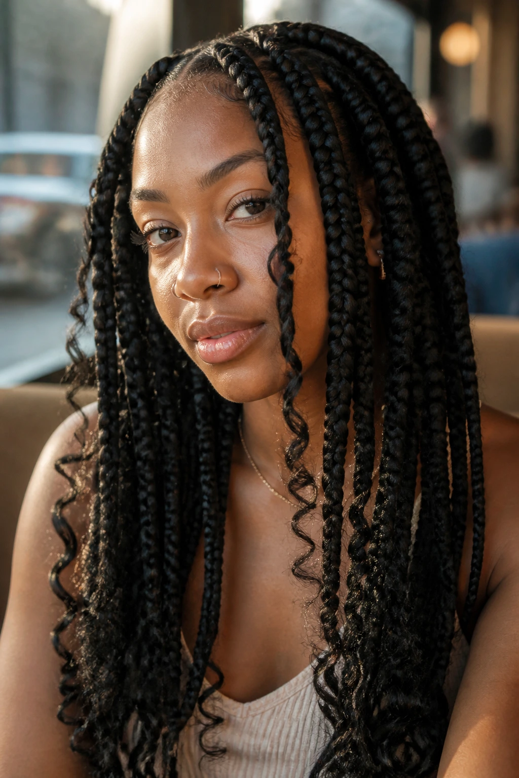 Real person with jumbo box braids and loose curl pops around the face