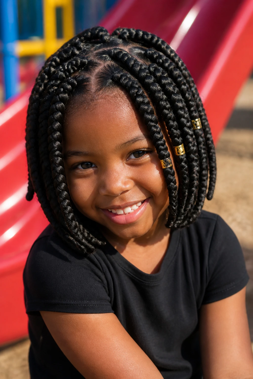 Portrait of a child with jumbo box braids in a playground