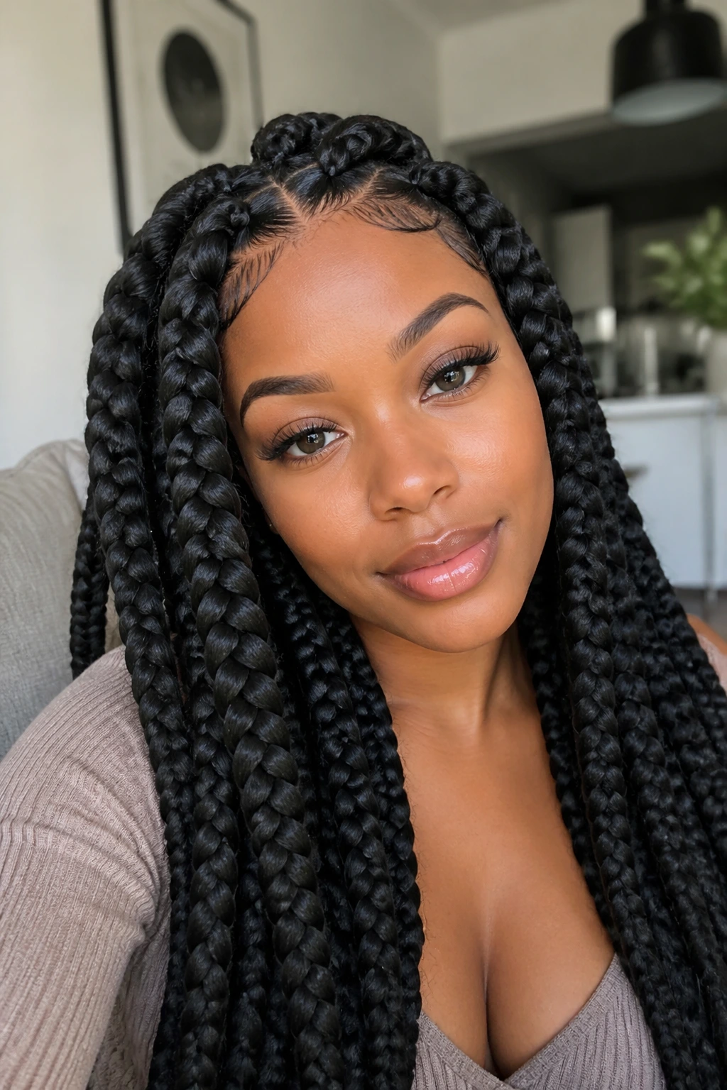 Close-up portrait of a real woman wearing jumbo box braids in a cozy living room
