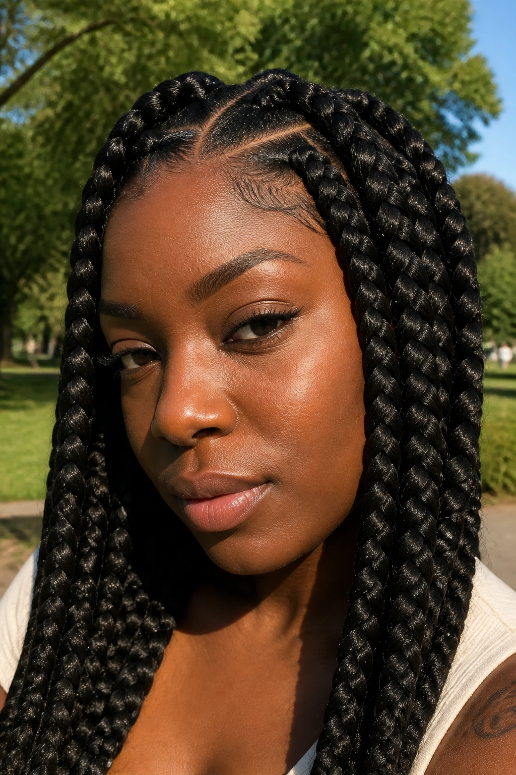 Close-up portrait of a real Black woman with jumbo box braids filling the frame.