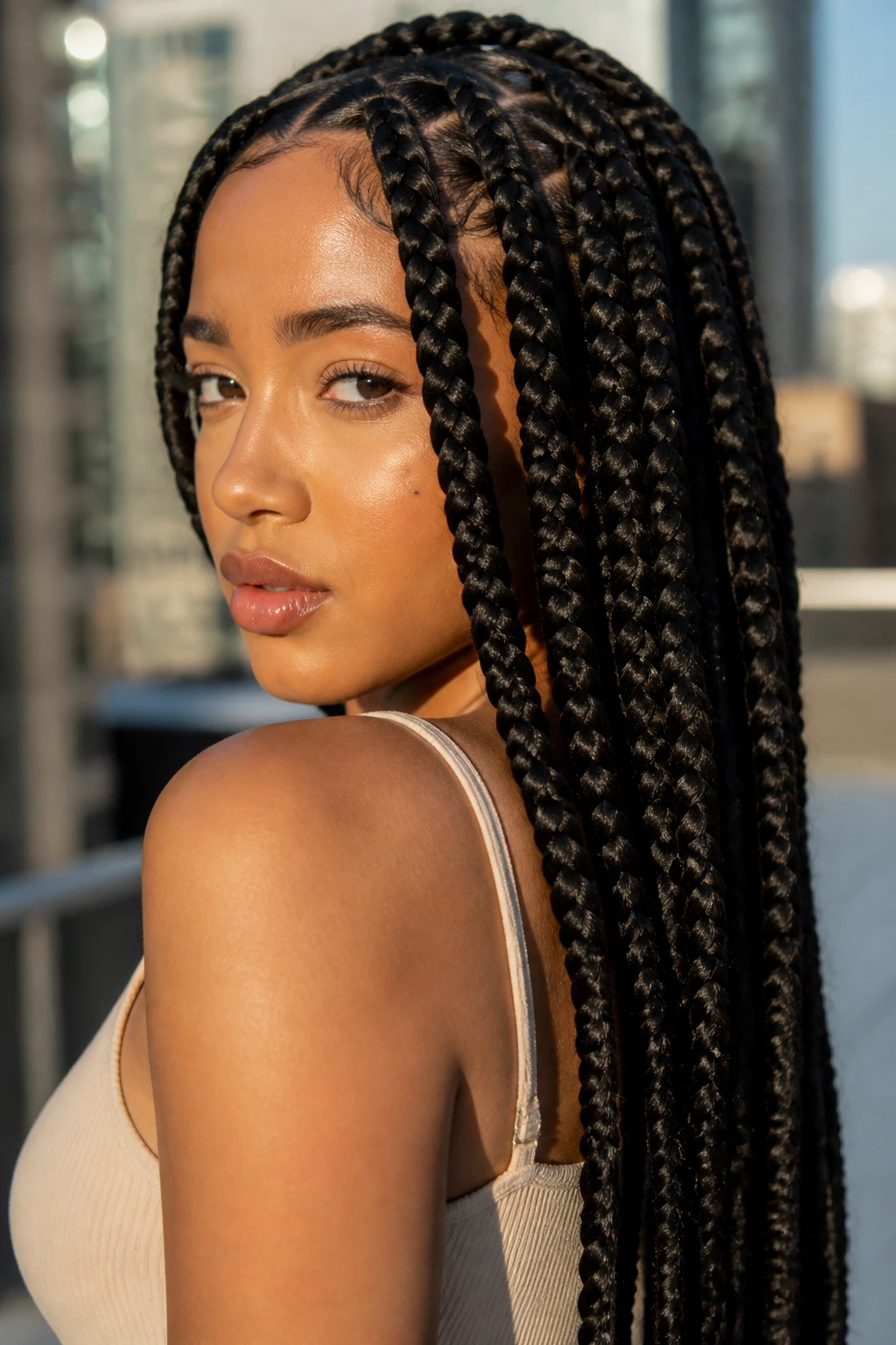 Close-up of a real woman with jumbo box braids