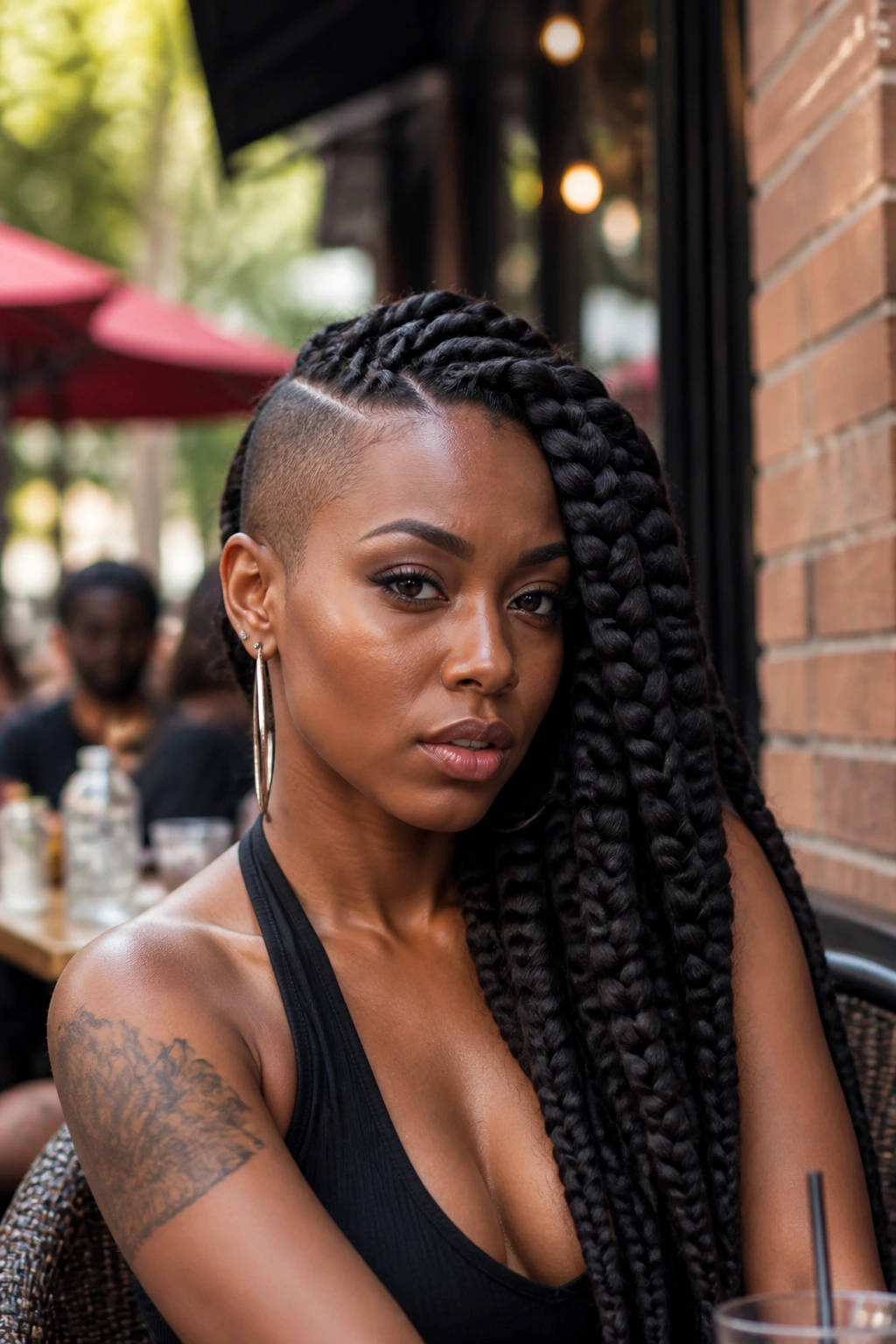 Portrait of a woman with jumbo box braids and a shaved side
